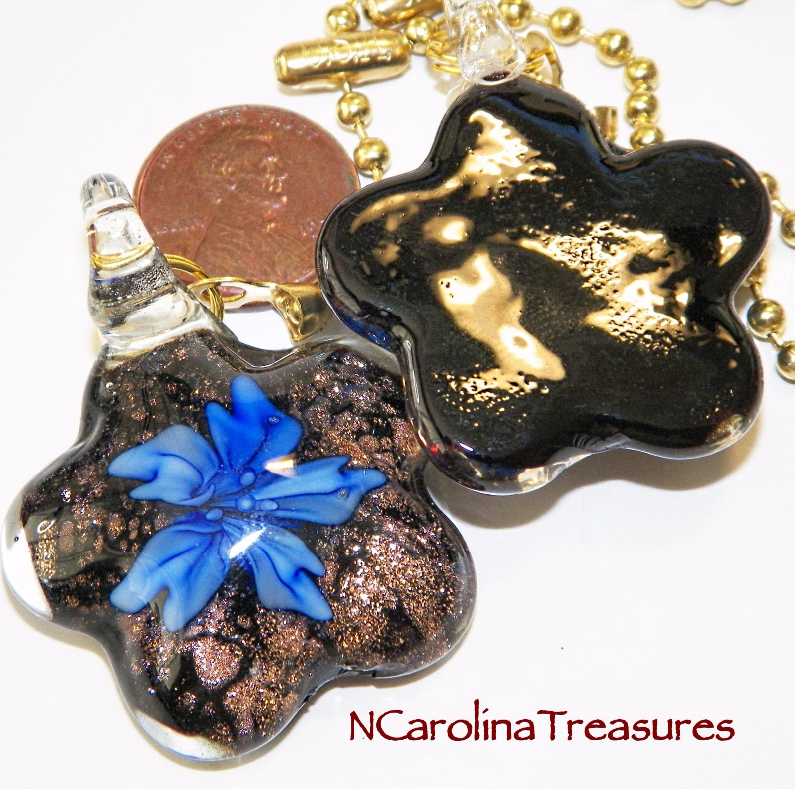 GLASS CEILING FAN CHAIN SWITCH PULL BLACK GLITTER BLUE FLORAL STAR LARGE PAIR