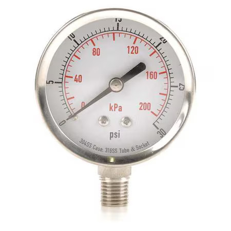 Commercial Pressure Gauge, 0 To 30 Psi, 2 1/2 In Dial, 1/4 In Npt, Bottom
