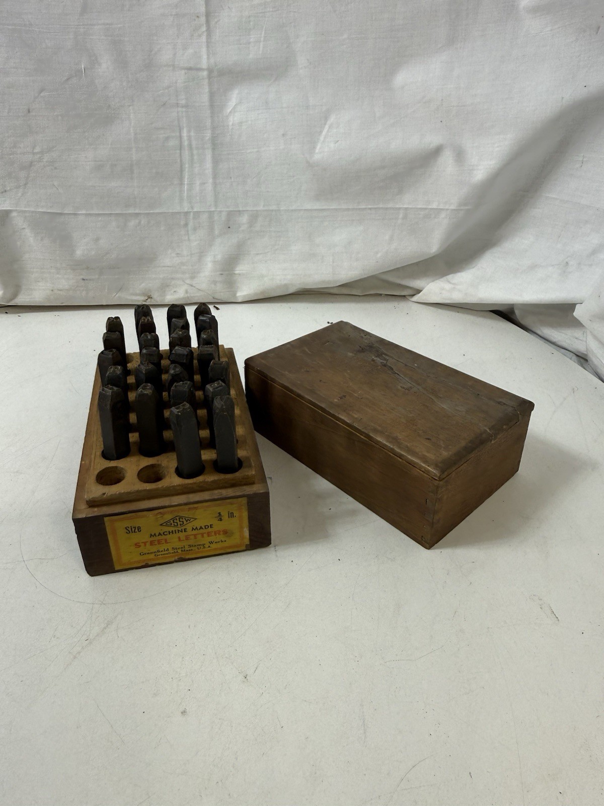 Vintage GSSW 1/4" Steel Letter Stamp Set Machine Made Greenfield Wood Box
