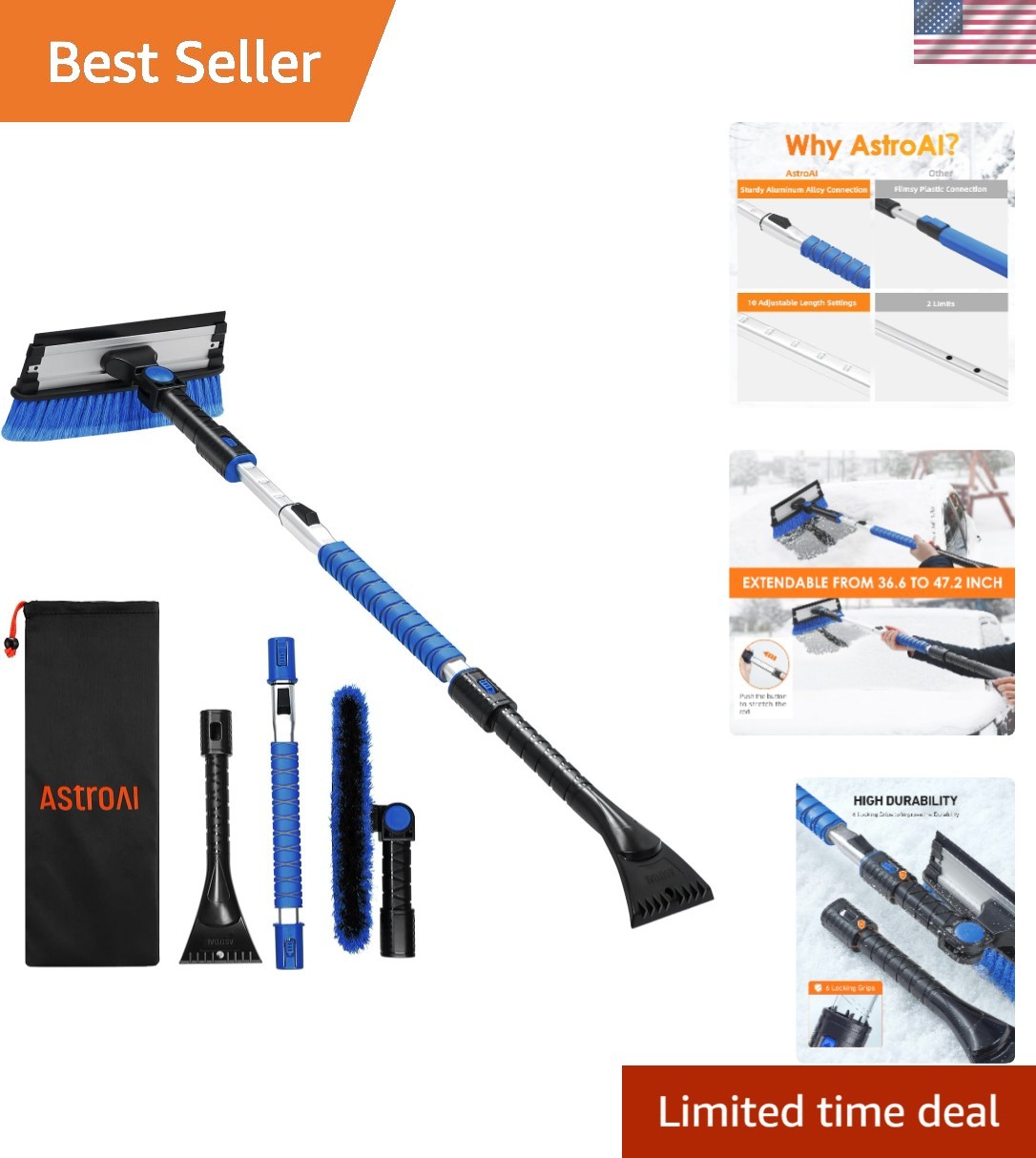 Durable 3-in-1 Ice Scraper with Telescoping Handle - Effortless Winter Car Care