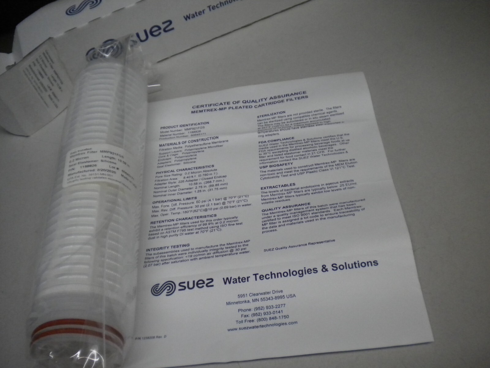 Suez MMP921FGS Memtrex Filter - 10.58" Long - 0.2 Micron - P/N 1188826 - NIB
