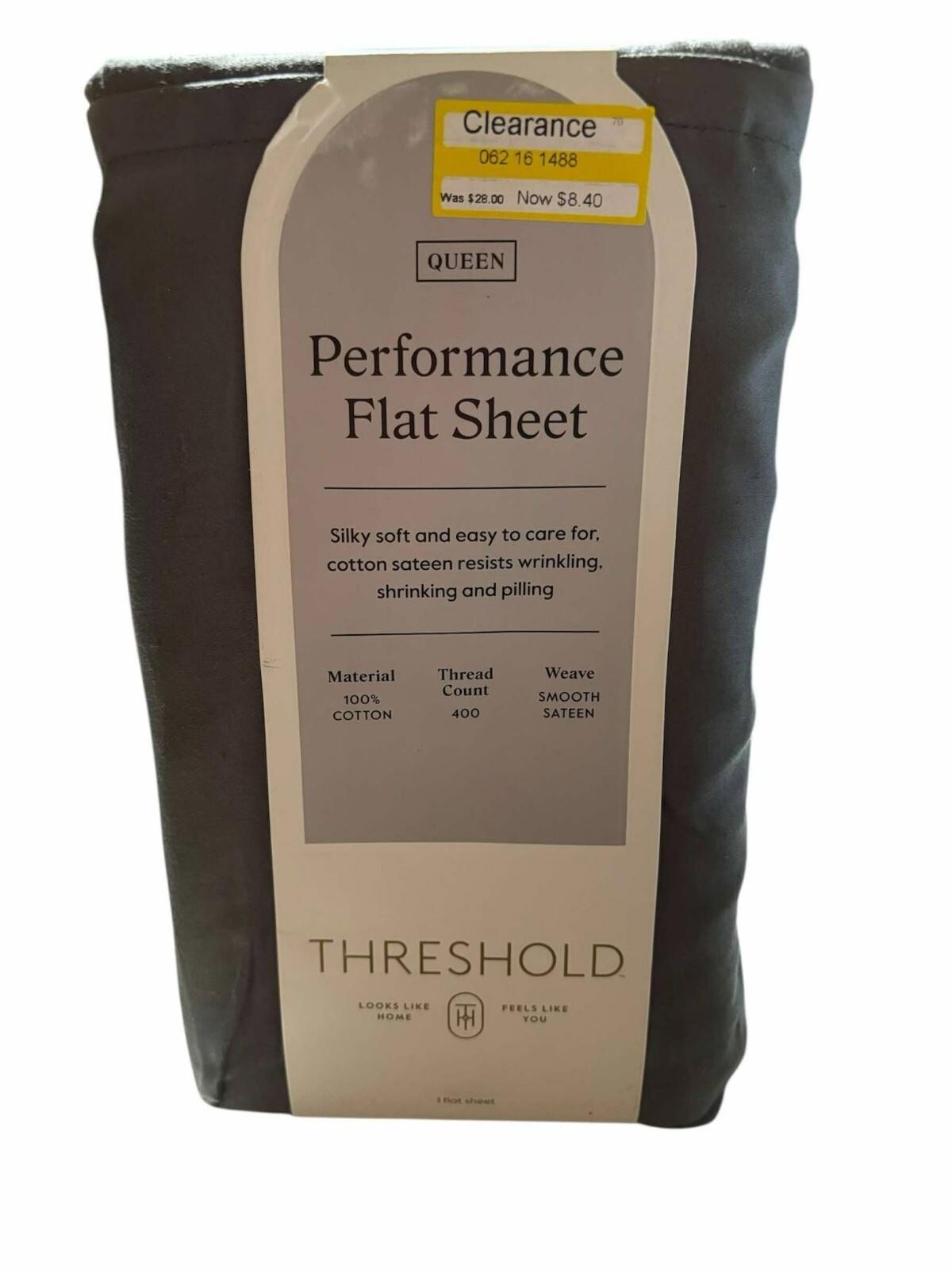 QUEEN Threshold 400 Thread Count Performance Flat Sheet Sateen GRAY  100% Cotton