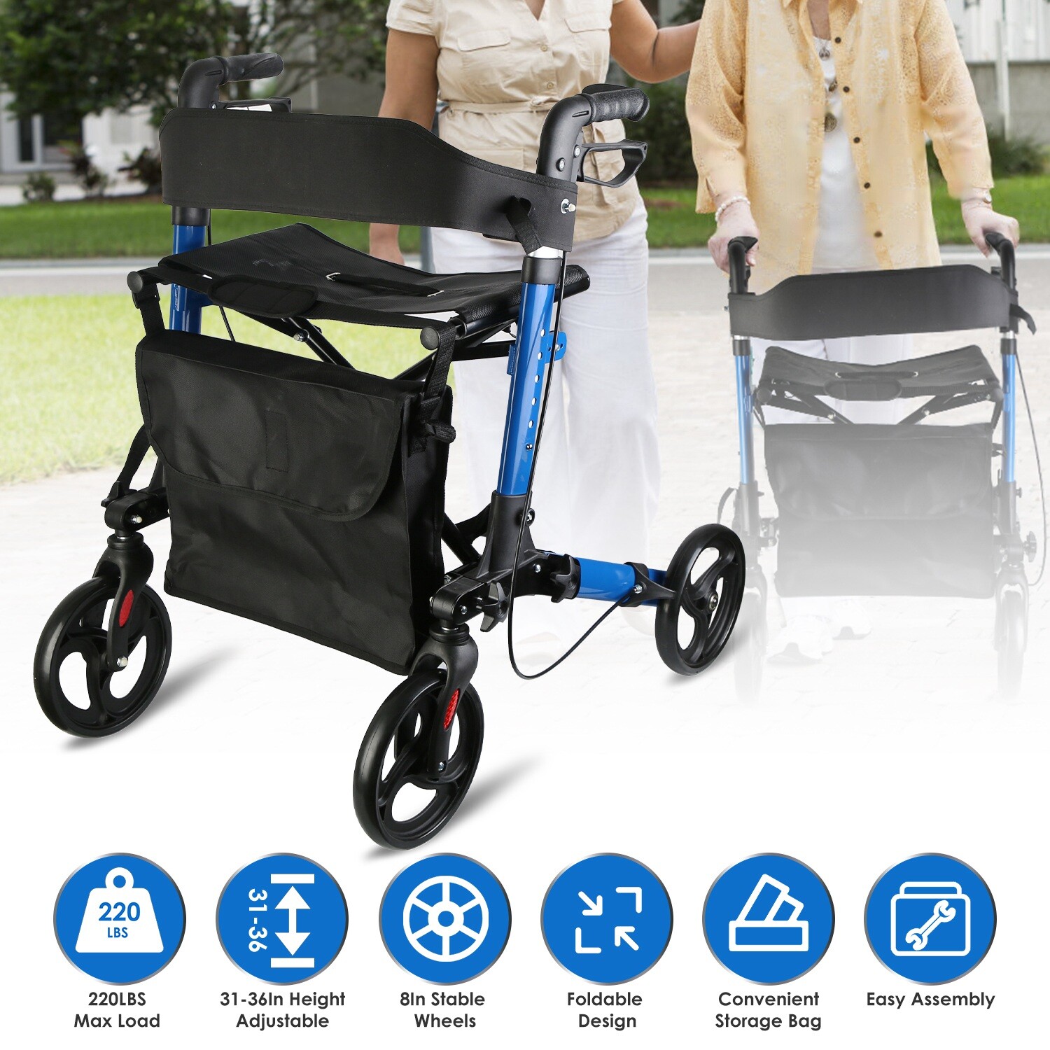 Aluminum Rollator Walker & Seat Backrest Rolling Walker Adjustable Height Walker