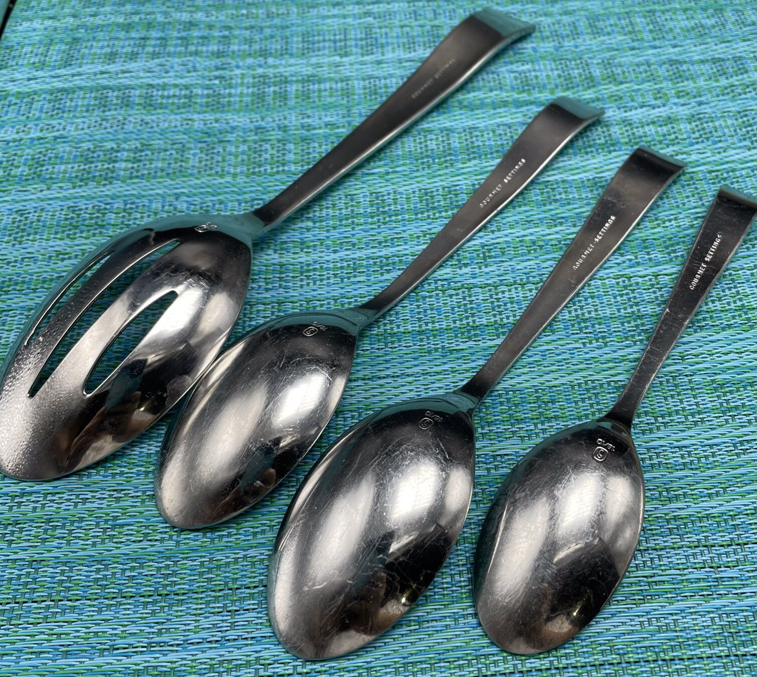 4 Gourmet Settings Spoons - Unknown Pattern - Slotted Serving 2 Soup 1 Teaspoon