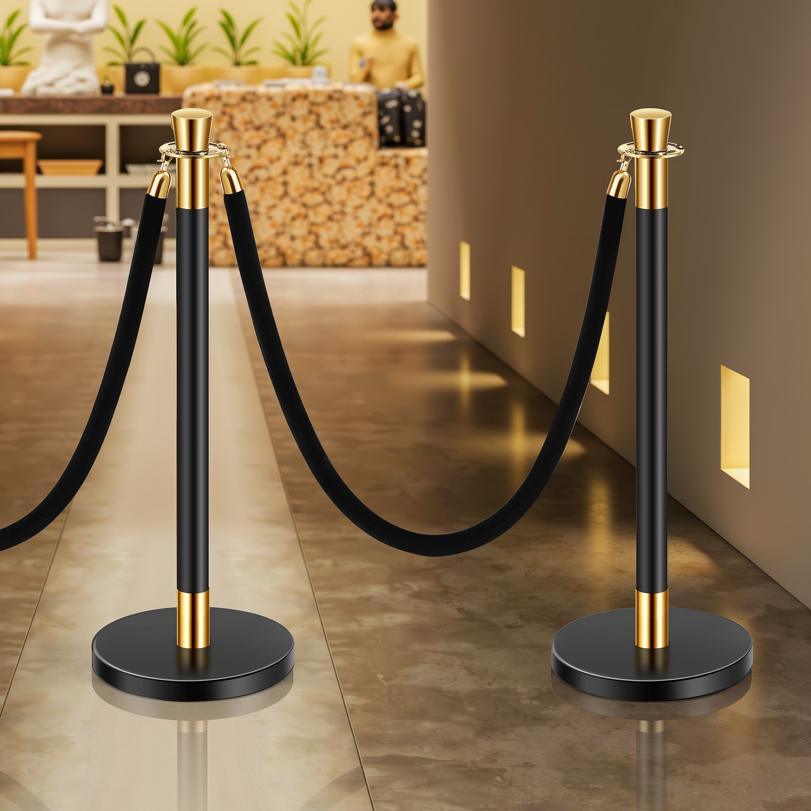 6 Pcs Stanchion Post with 4 Black Velvet Ropes Sand Injection Hollow Base
