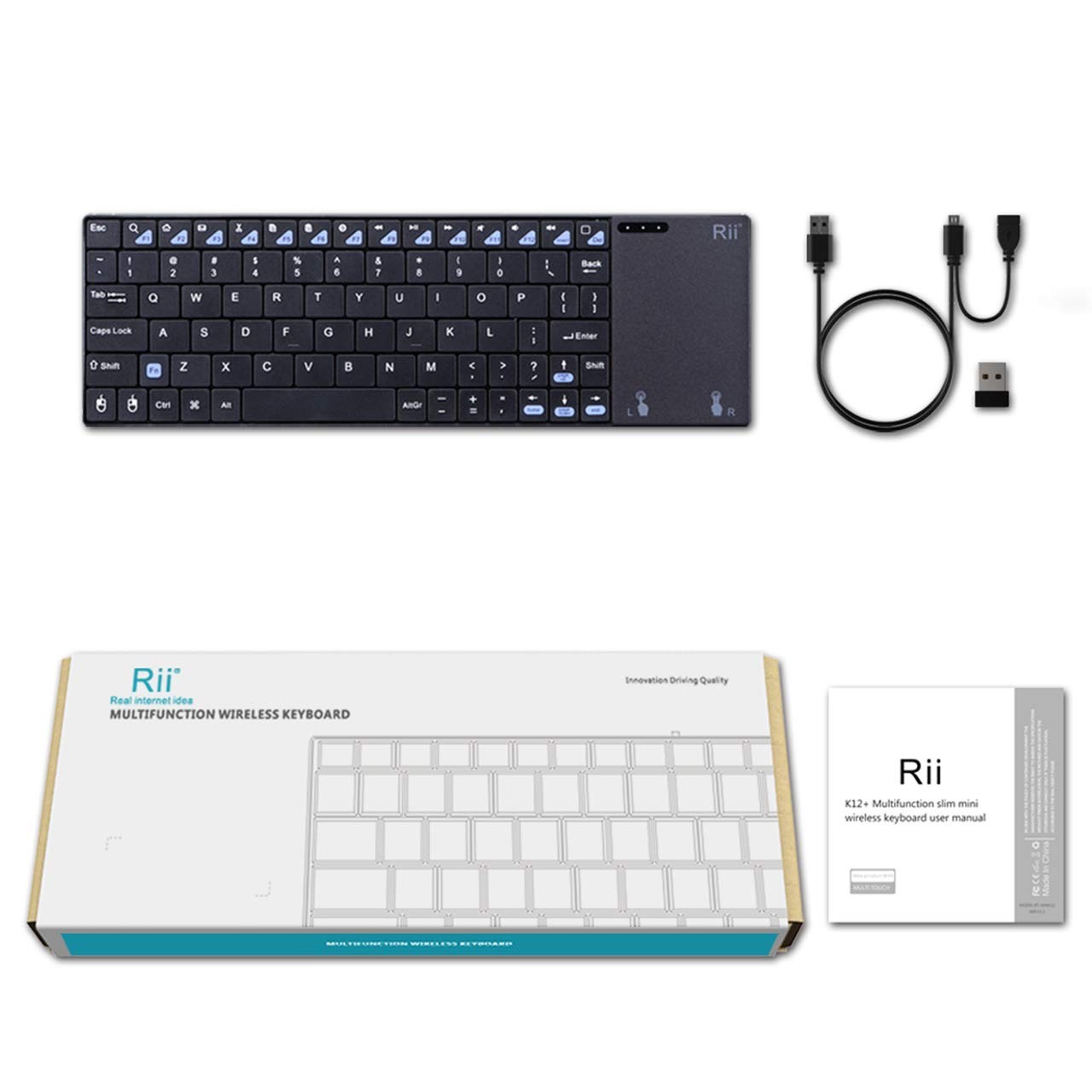 Rii K12+ Mini Wireless Keyboard with Large Touchpad Mouse&Qwerty Black