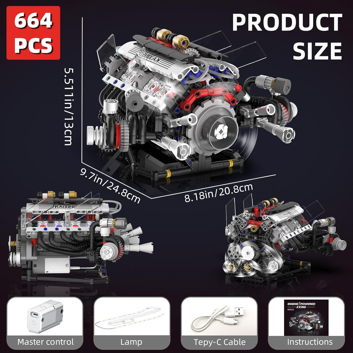V8 Engine Kits That Works Building Sets,Car Engine Model Kit with Motor and Lig