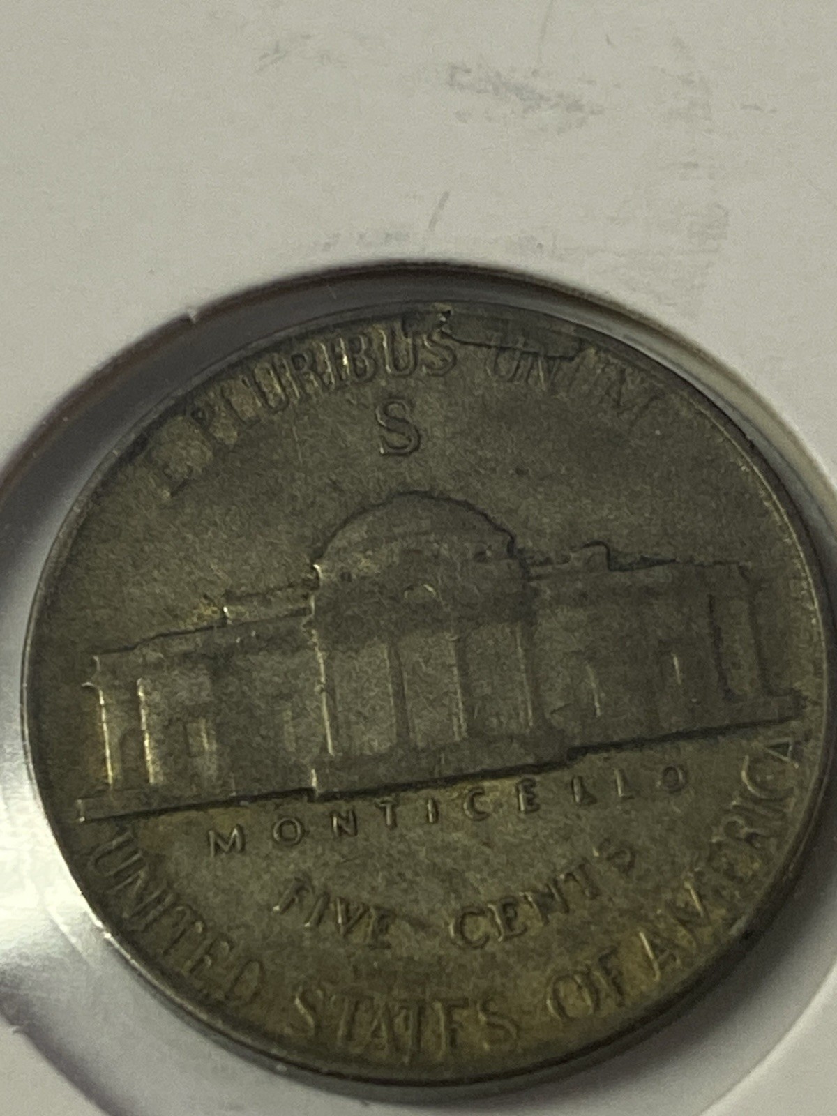 1945 S Jefferson War Nickel Planchette Error On Reverse Die Break 35% Silver