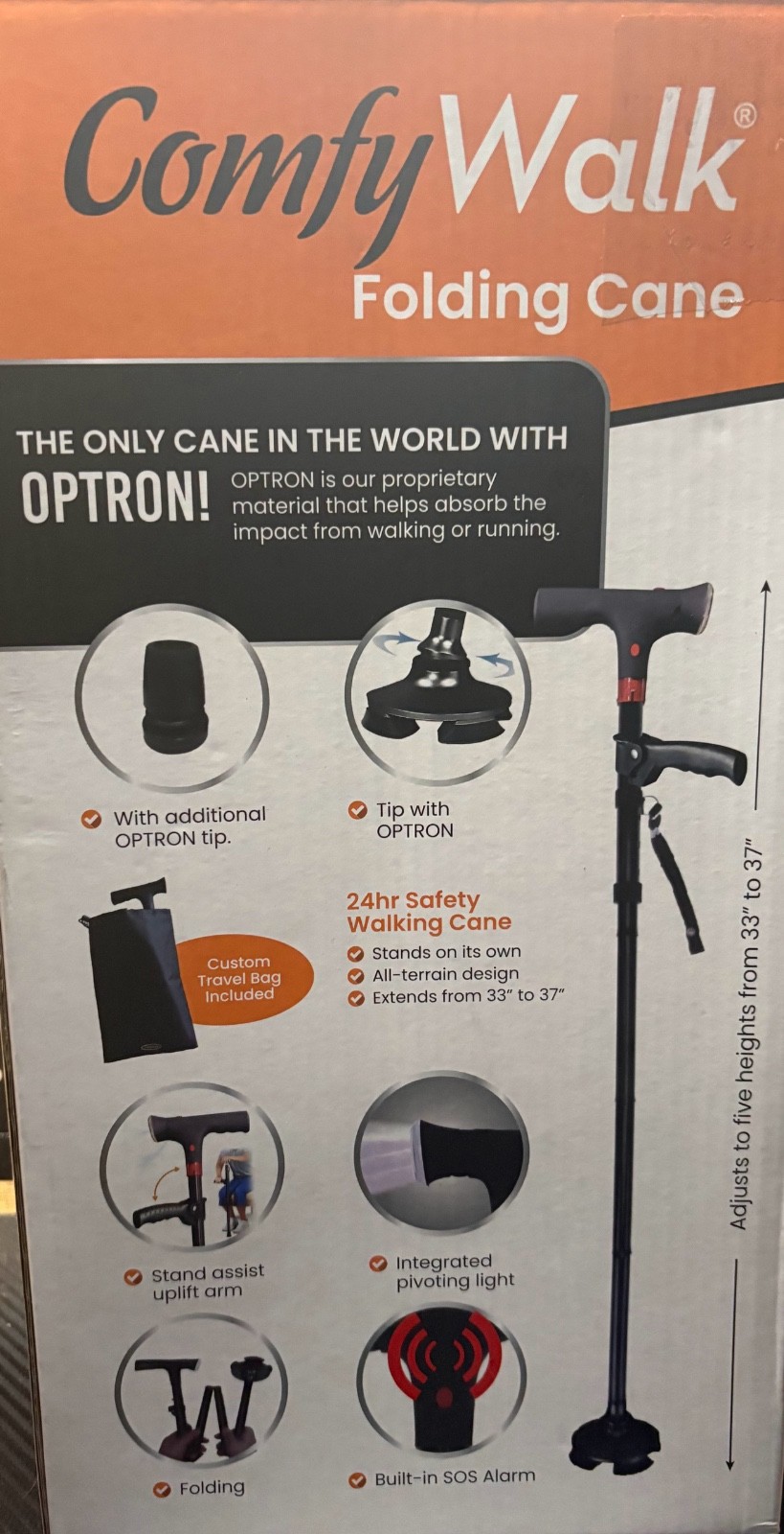 #ComfyWalk Folding Cane with Light, Alarm & OPTRON—Gold