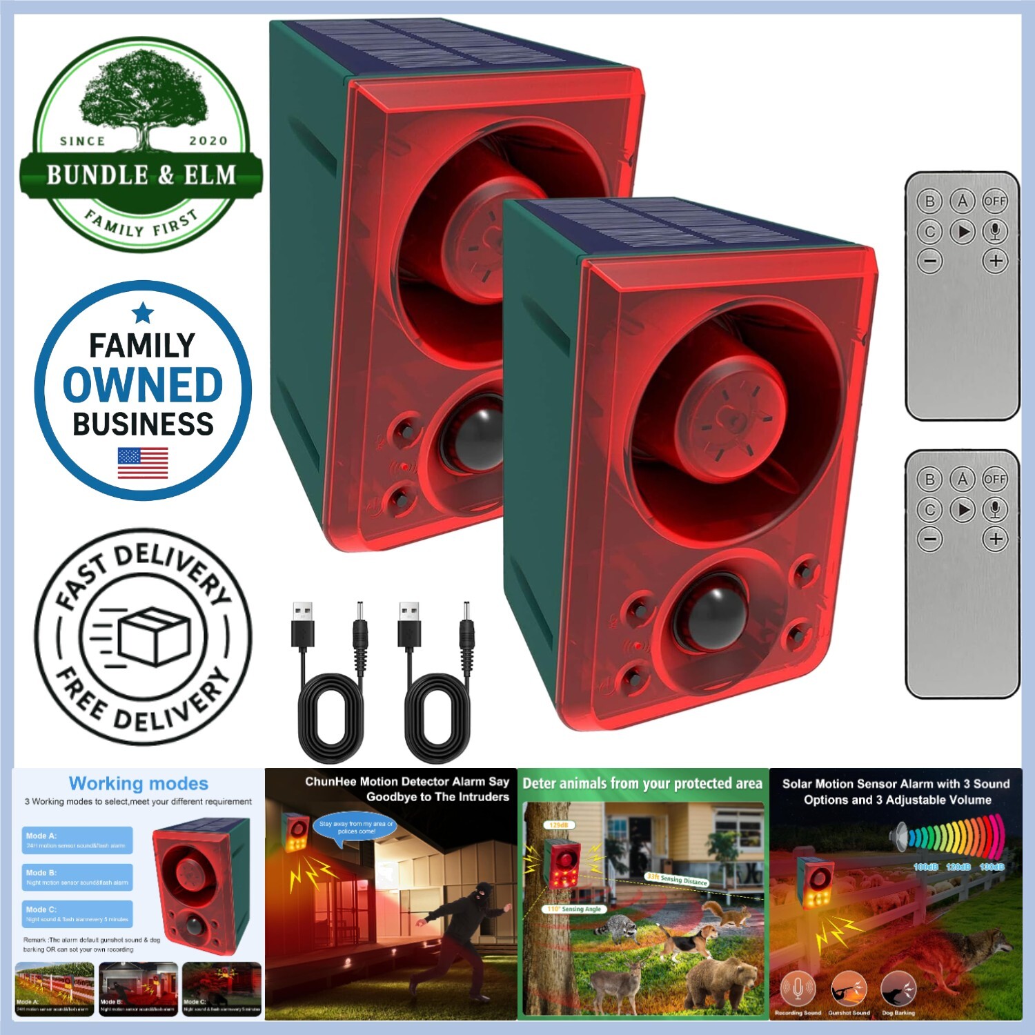 Solar Motion Sensor Alarm 2 Pack Weatherproof Animal Deterrent with Loud Sound