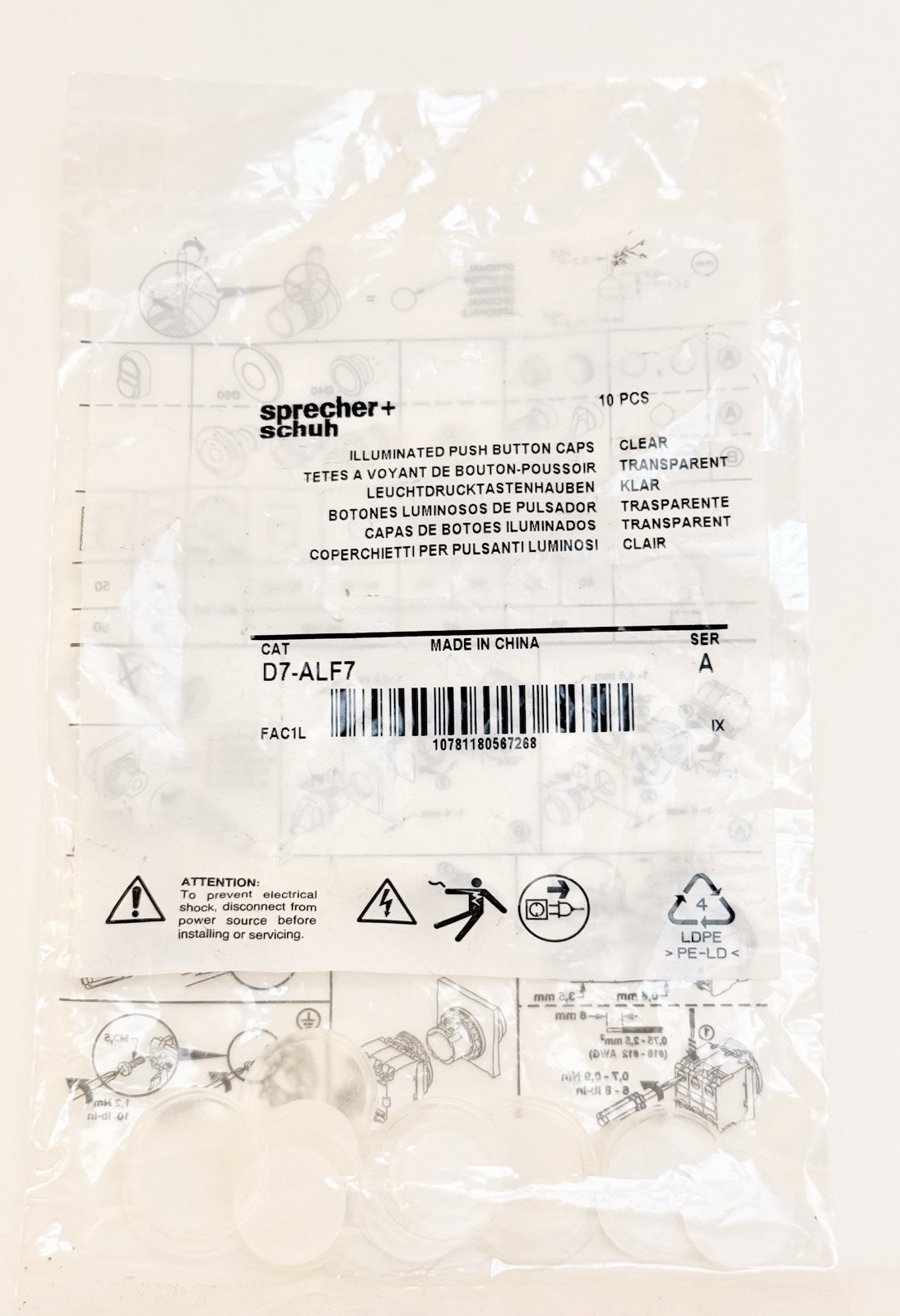 Sprecher Schuh D7-ALF7 Clear Push Button Caps BAG OF 10 Pieces