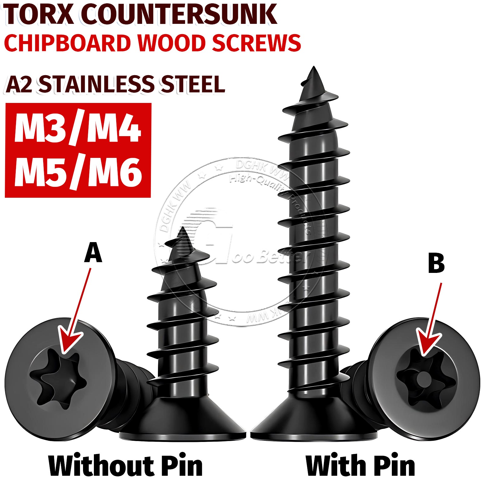 3mm 4mm 5mm 6mm Torx Countersunk Fully Threaded Chipboard Wood Screws Black
