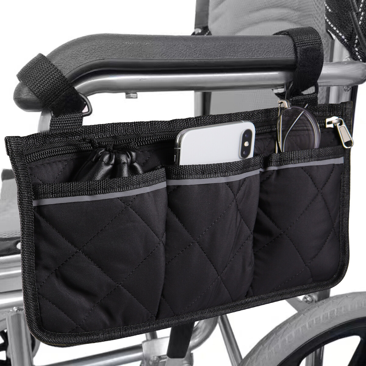 Black Outdoor Wheelchair Side Pouch Storage Bag Armrest Pocket Organizer Holder