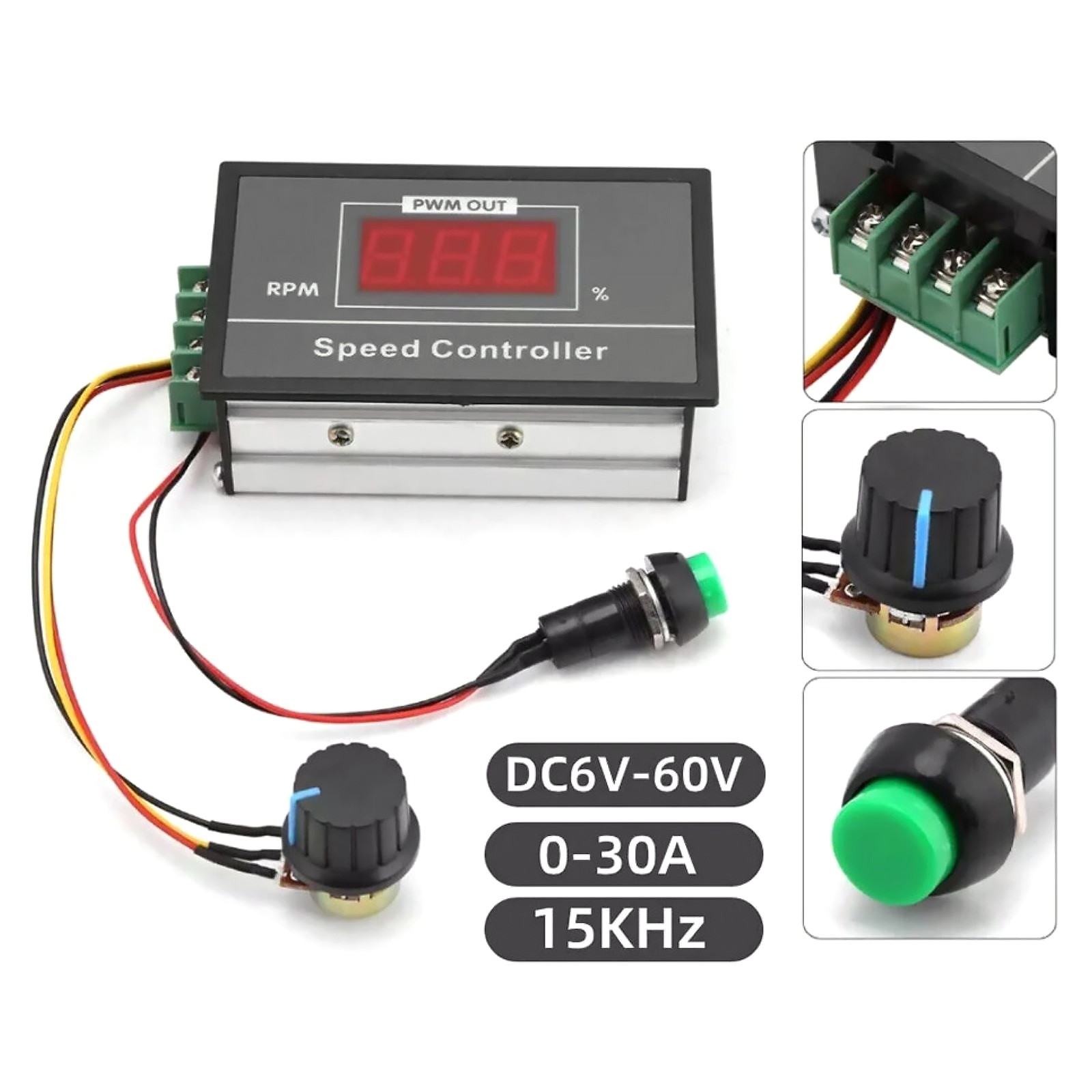 6-60V PWM DC Motor Controller 30A Output w/ Speed % Display & Panel Mount