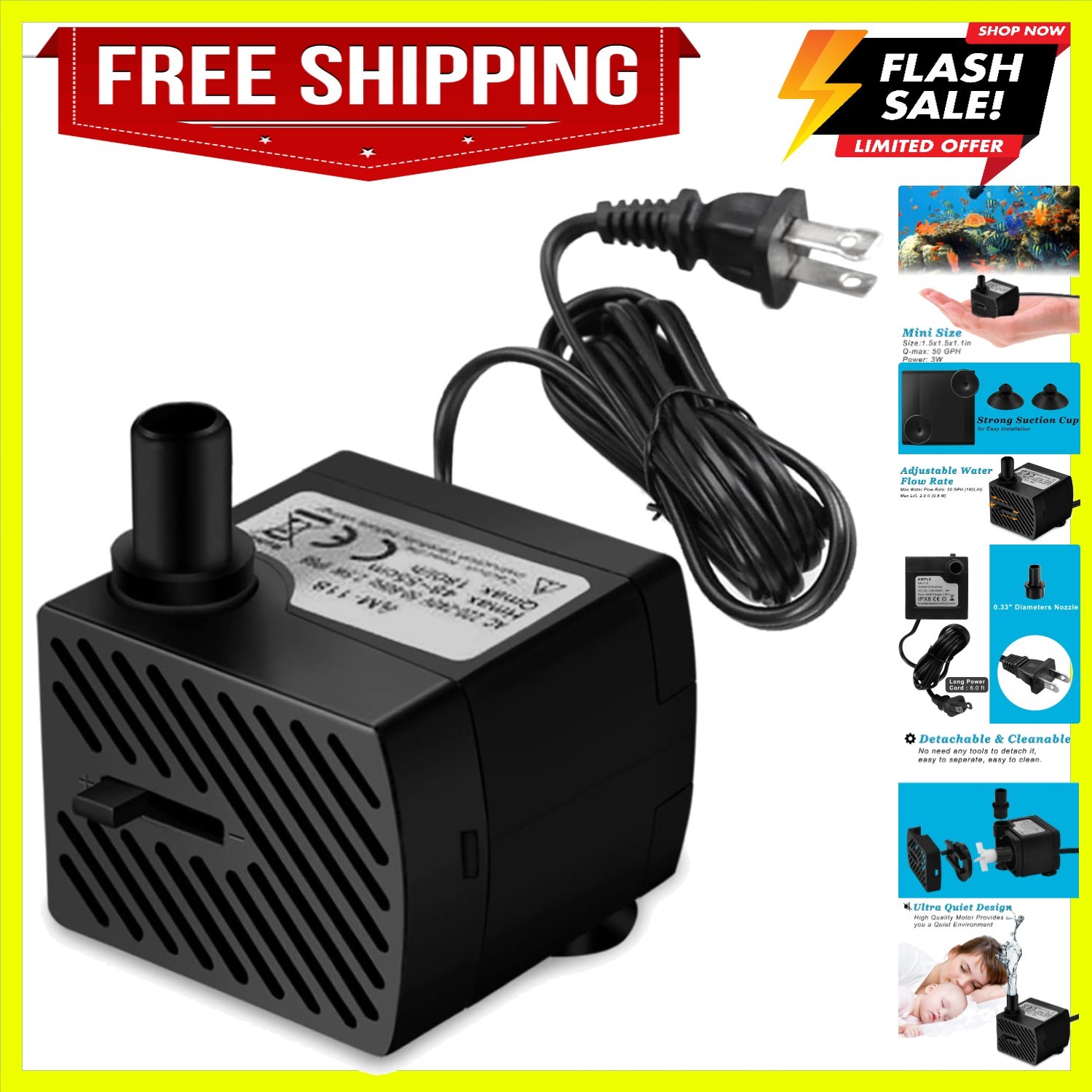 3W 50GPH Mini Submersible Water Pump, Small Fountain Pump for Pond, Aquariums...