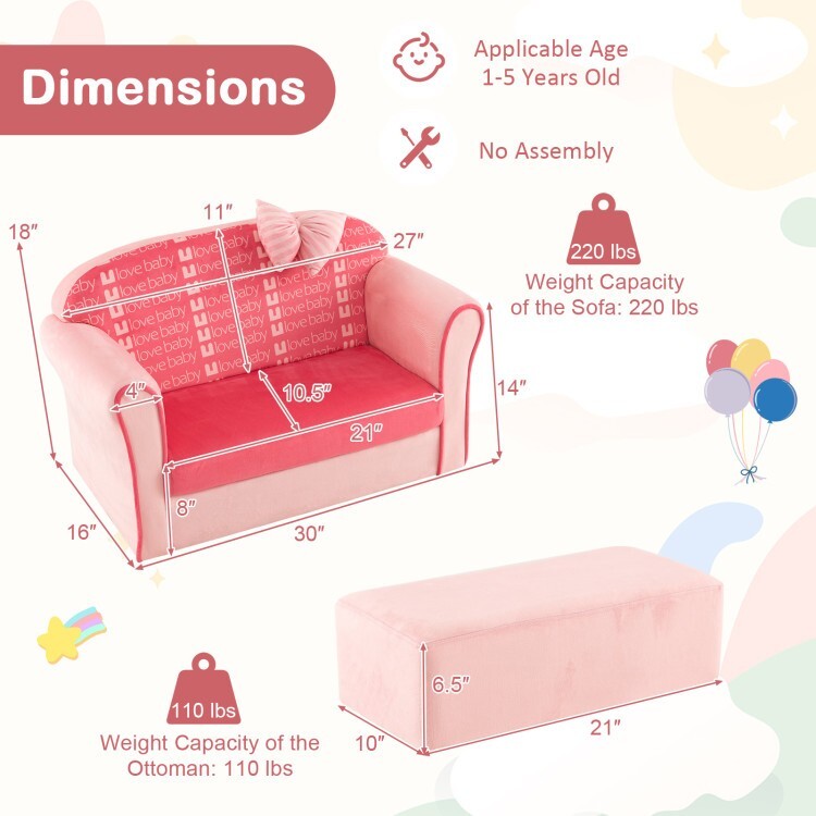 Kids Play Loveseat Sofa Couch Lounge sofa playroom Gift Toddlers with Ottoman