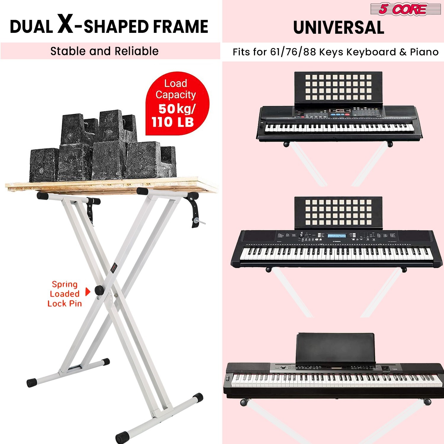 5Core Keyboard Stand Double XStyle Adjustable Piano Riser + Keyboard Piano Bench