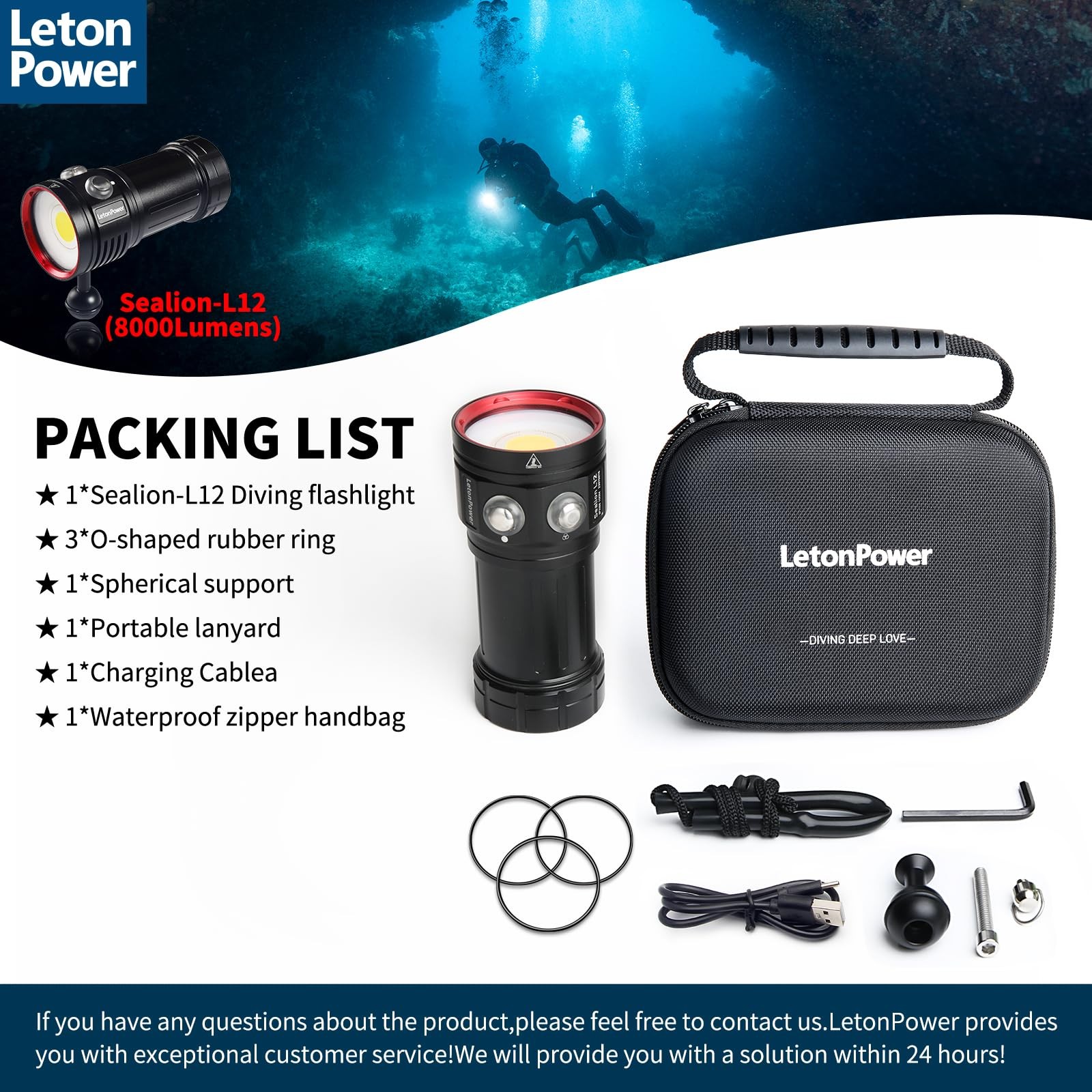 LetonPower Diving Flashlight, L12 8000Lumens Dive Light,100m L12, Sealion