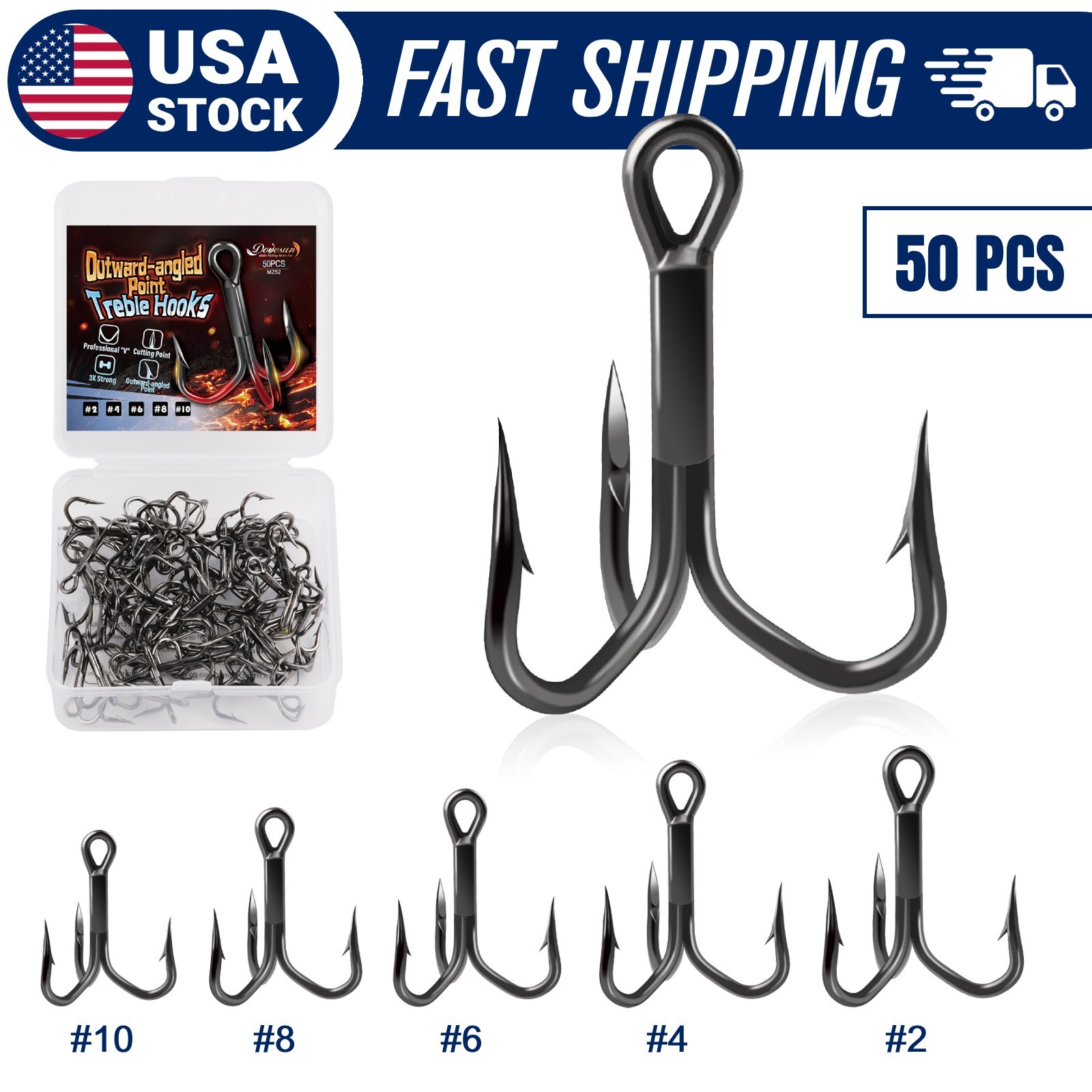 50pcs High Carbon Steel Treble Hooks Outward-Angled Point 3X Strong V-Bend #2-10