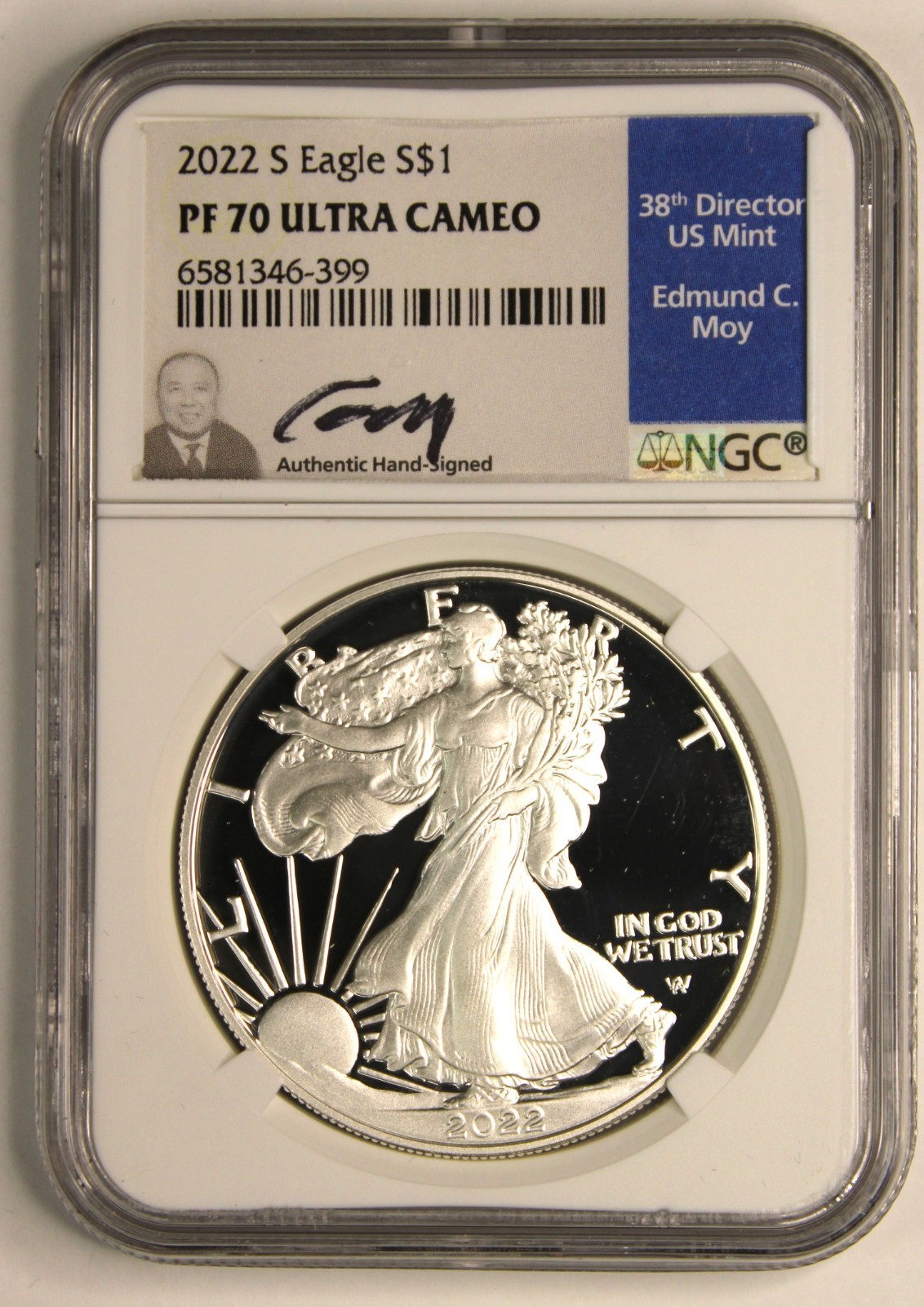 2022 S PROOF SILVER EAGLE NGC PF70 ULTRA CAMEO EDMUND MOY HAND SIGNED BLUE LABEL