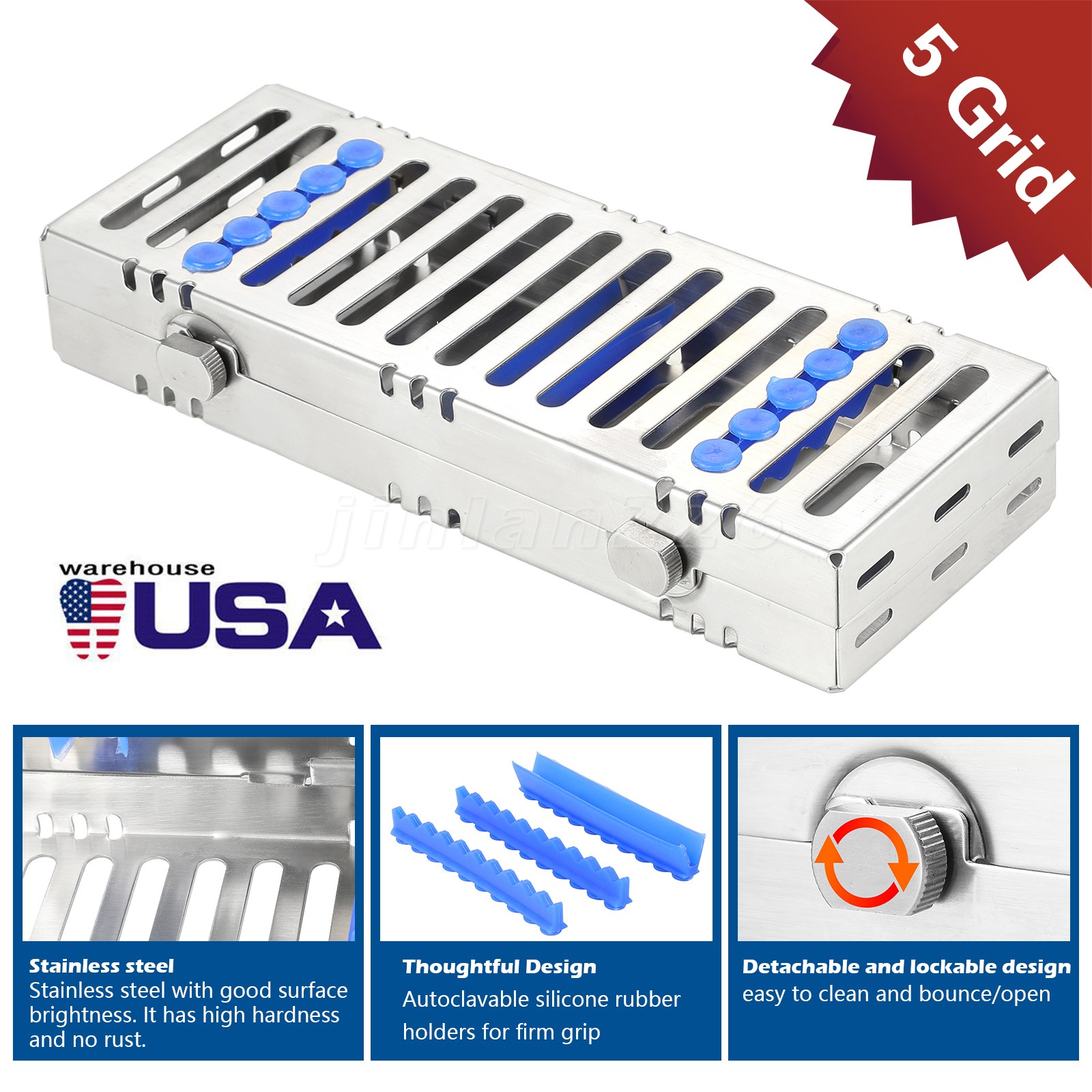 Stainless Sterilization Cassette Rack Box For 5 Surgical Dental Instruments