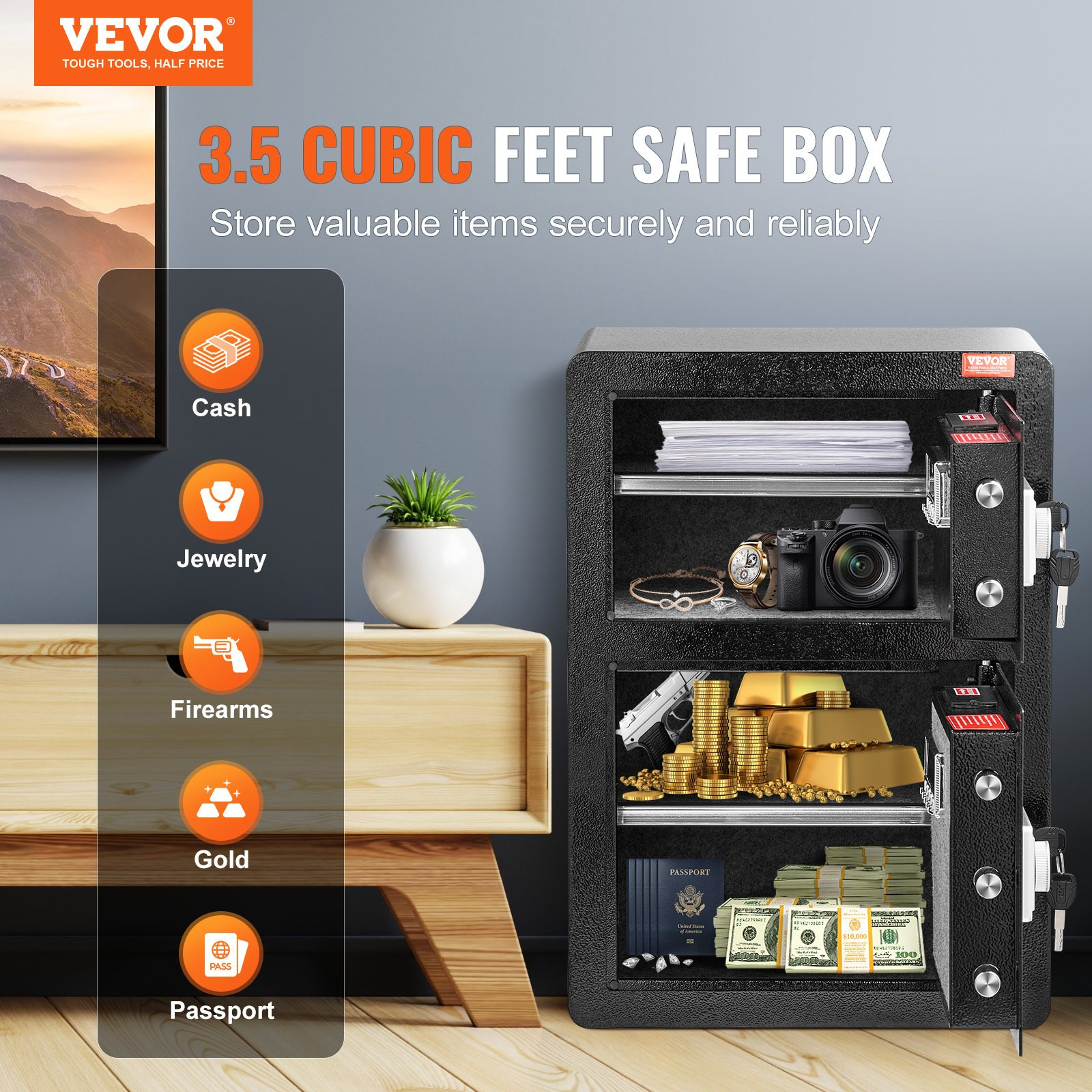 Double Door 3.5 cu.ft Safe Box with Key Lock Password Fireproof Bag Black,organ