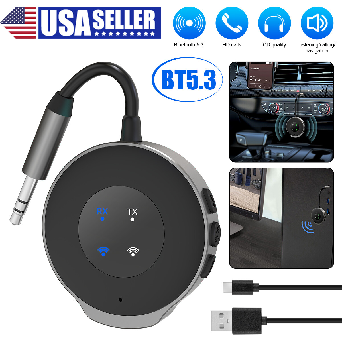 USB Wireless Bluetooth 5.3 Transmitter Receiver FM Car Music Audio Aux Adapter
