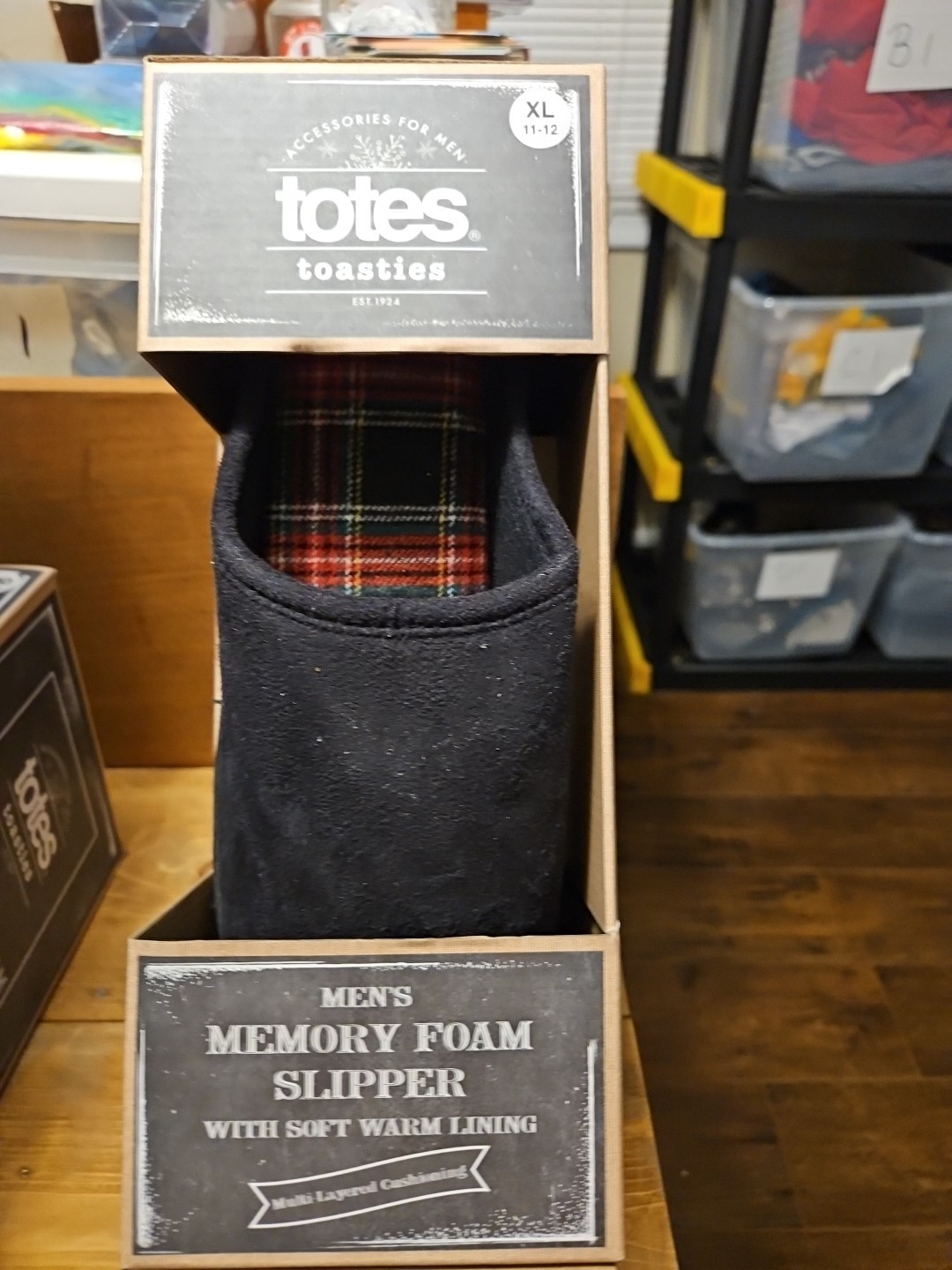 Totes Toasties Slippers Black w/ Plaid Memory Foam Shoe Mens Size XL 11-12