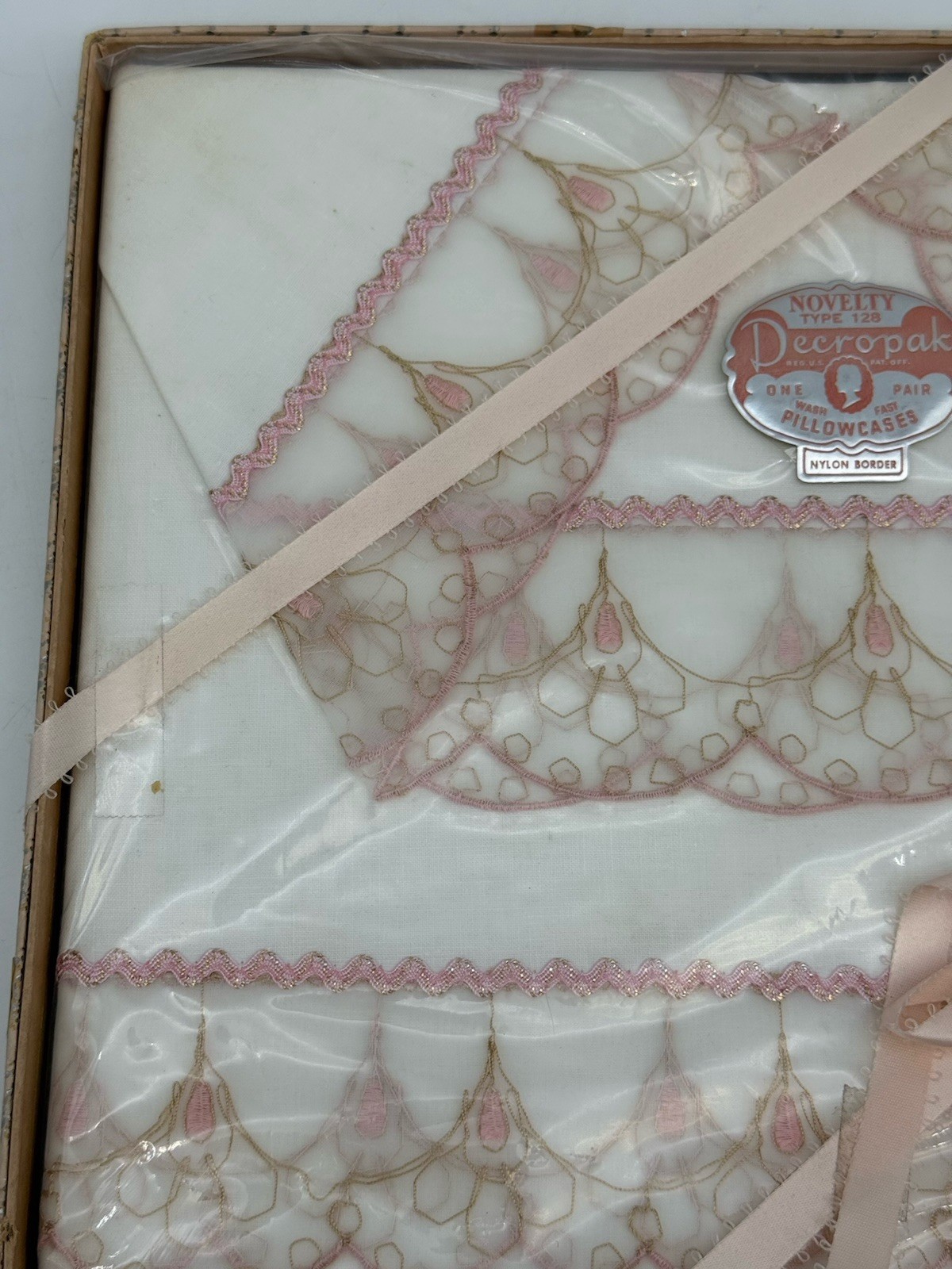 2 Vintage Decropak Pillowcases Nylon Borders Pink
