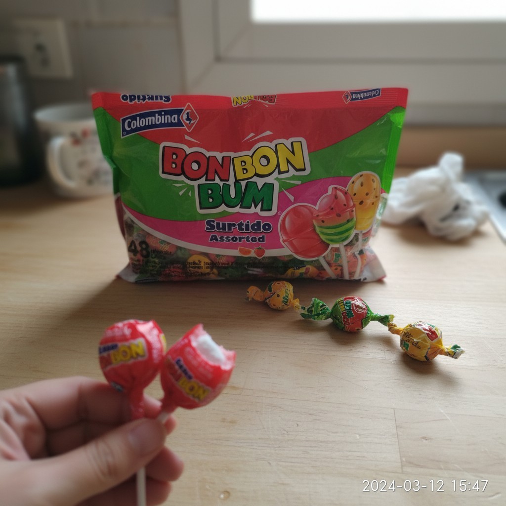 Bon Bon Bum Assorted Tropical Lollipops with Bubble Gum Center, 48 Count