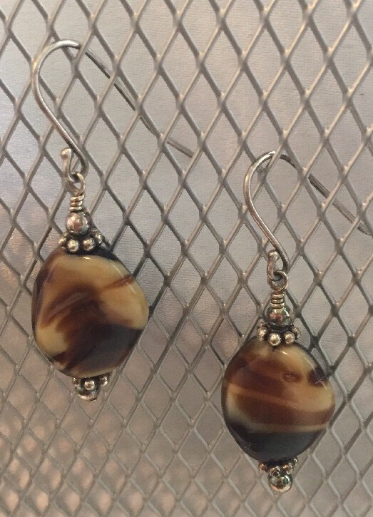 Handmade Sterling Silver & vintage brown swirl glass bead earrings 15mm .925