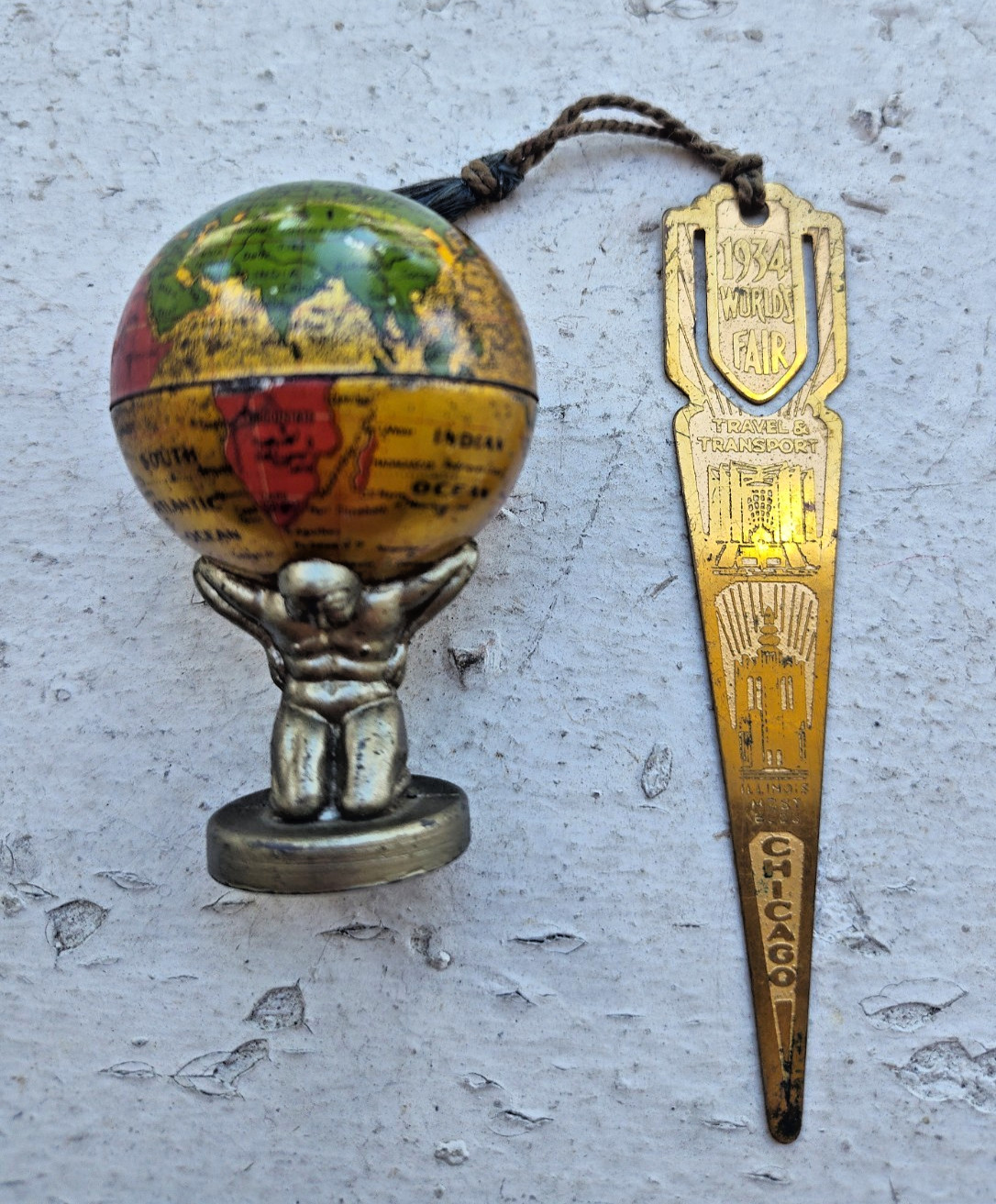 Antique Rare 1933 World Fair Atlas Metal Globe Pencil Sharpener and Bookmark
