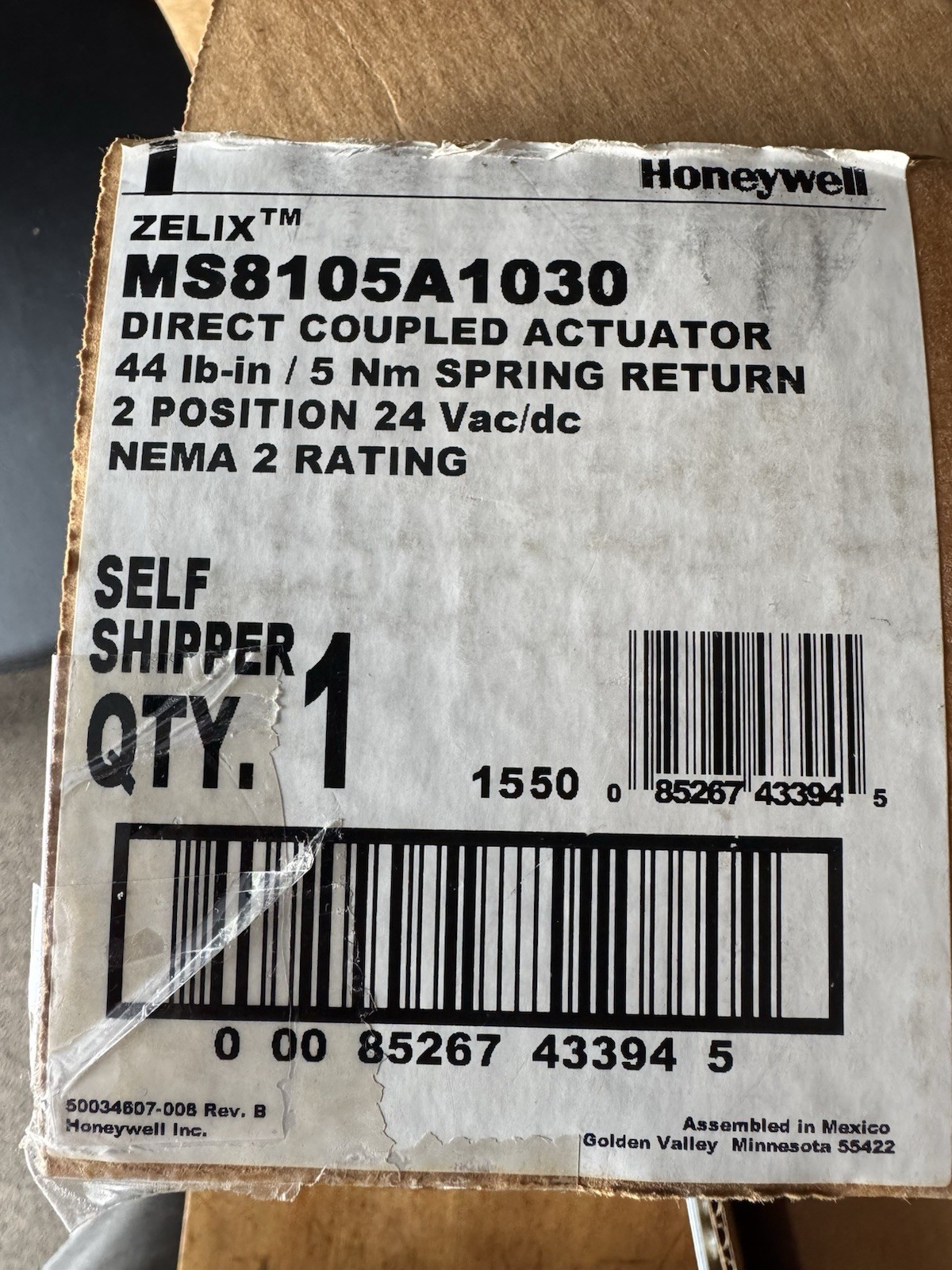 Honeywell MS8105A1030 Spring Return Actuator Damper Motor, 44#ON/24VAC