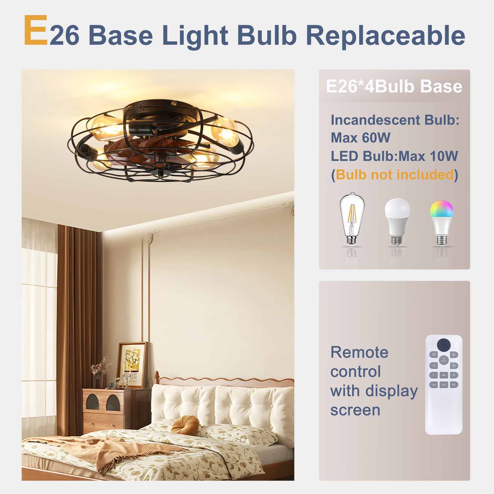 19.7" Industrial Caged Ceiling Fan with Light, 6-Speed, Remote, Timer
