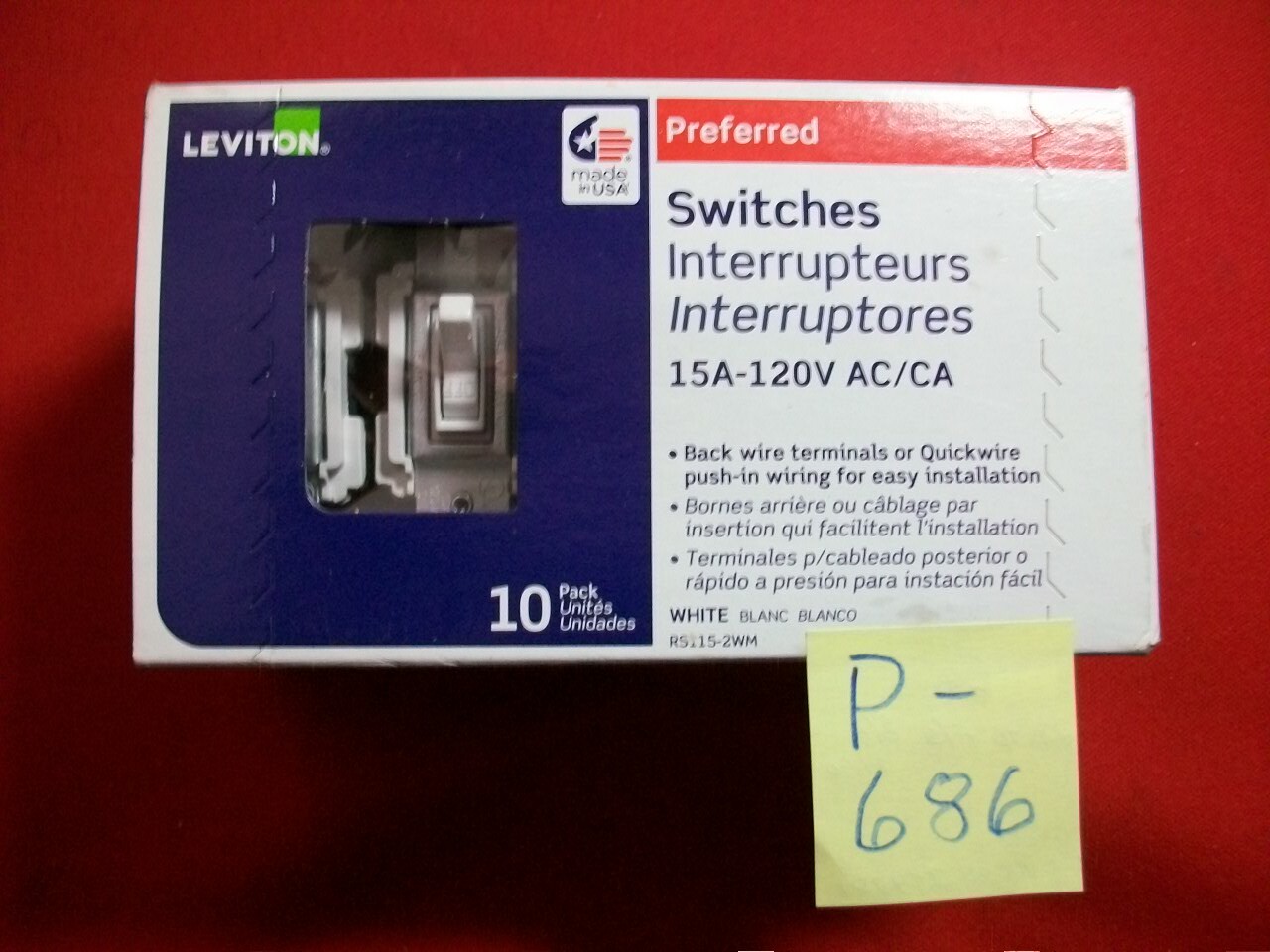 LEVITON NEW IN SEALED BOX OF 10 PREFERRED SINGLE POLE SWITCHES #RS115-2WM WHITE