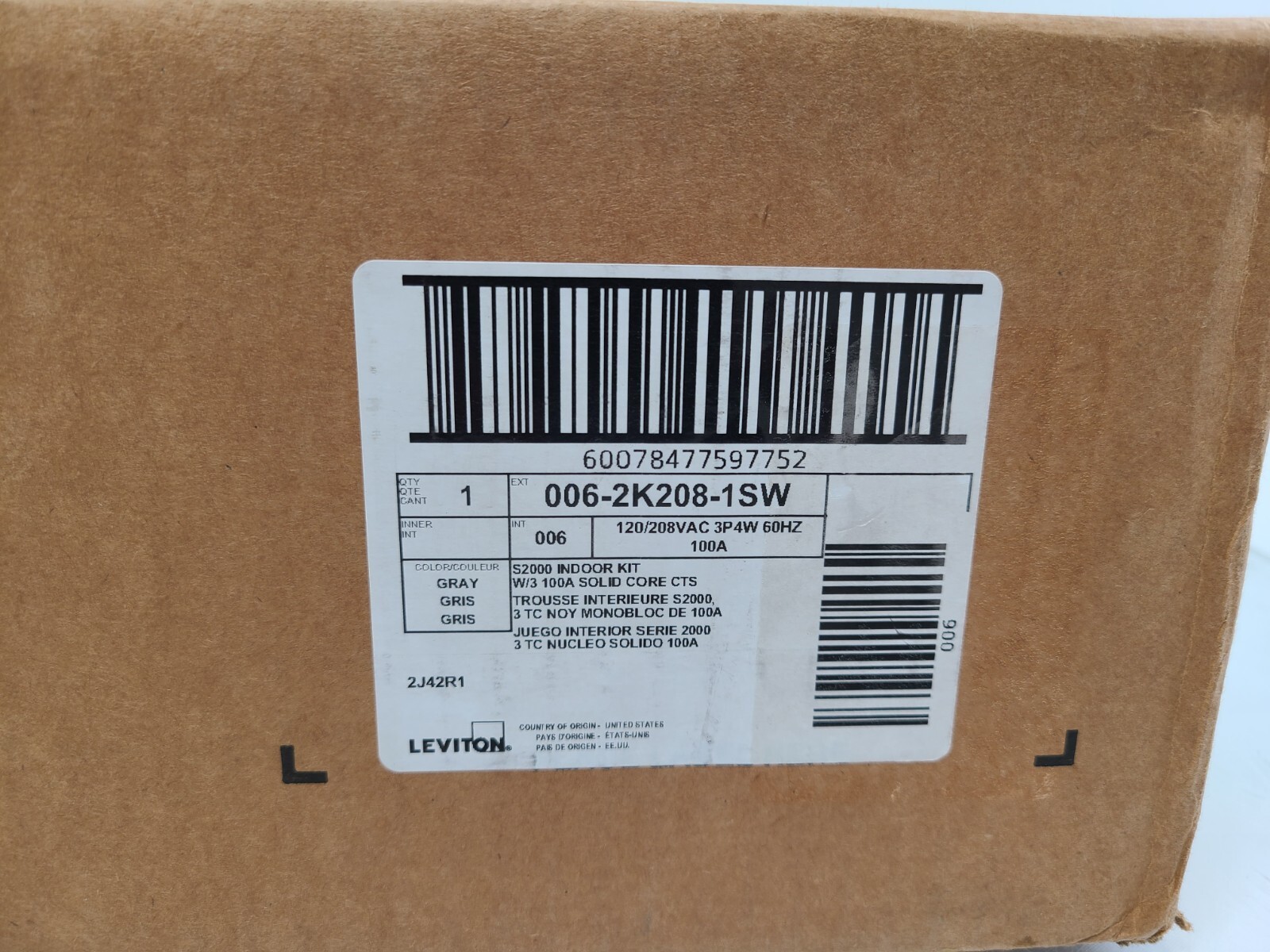 Leviton 2K208-1SW Series 2000 Indoor Usage Meter 3 Solid Core CTs 480V 100A