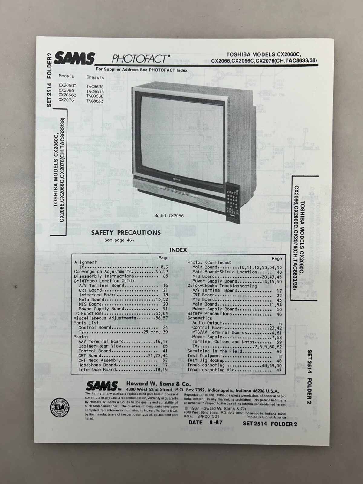 Toshiba CX2060 CX2066 CX2076 Service Manual Sams Photofact Free Shipping