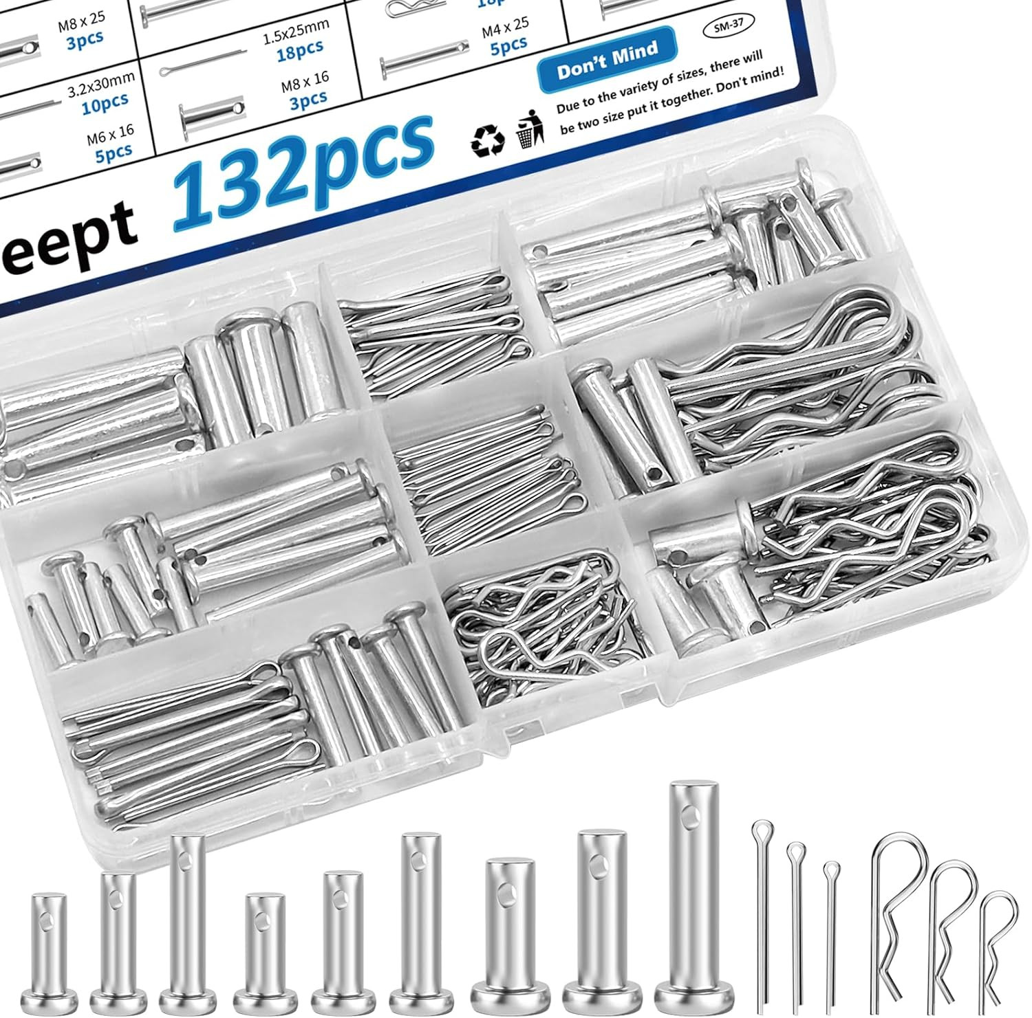 132Pcs Clevis Pins 304 Stainless Steel Cotter Pin Hair Pin Carbon Steel Single H