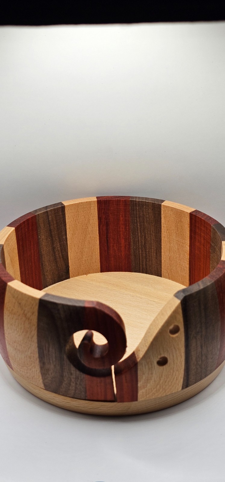 Wooden Yarn Bowl Round Knitting Crochet Holder with Holes Hardwood Multicolor
