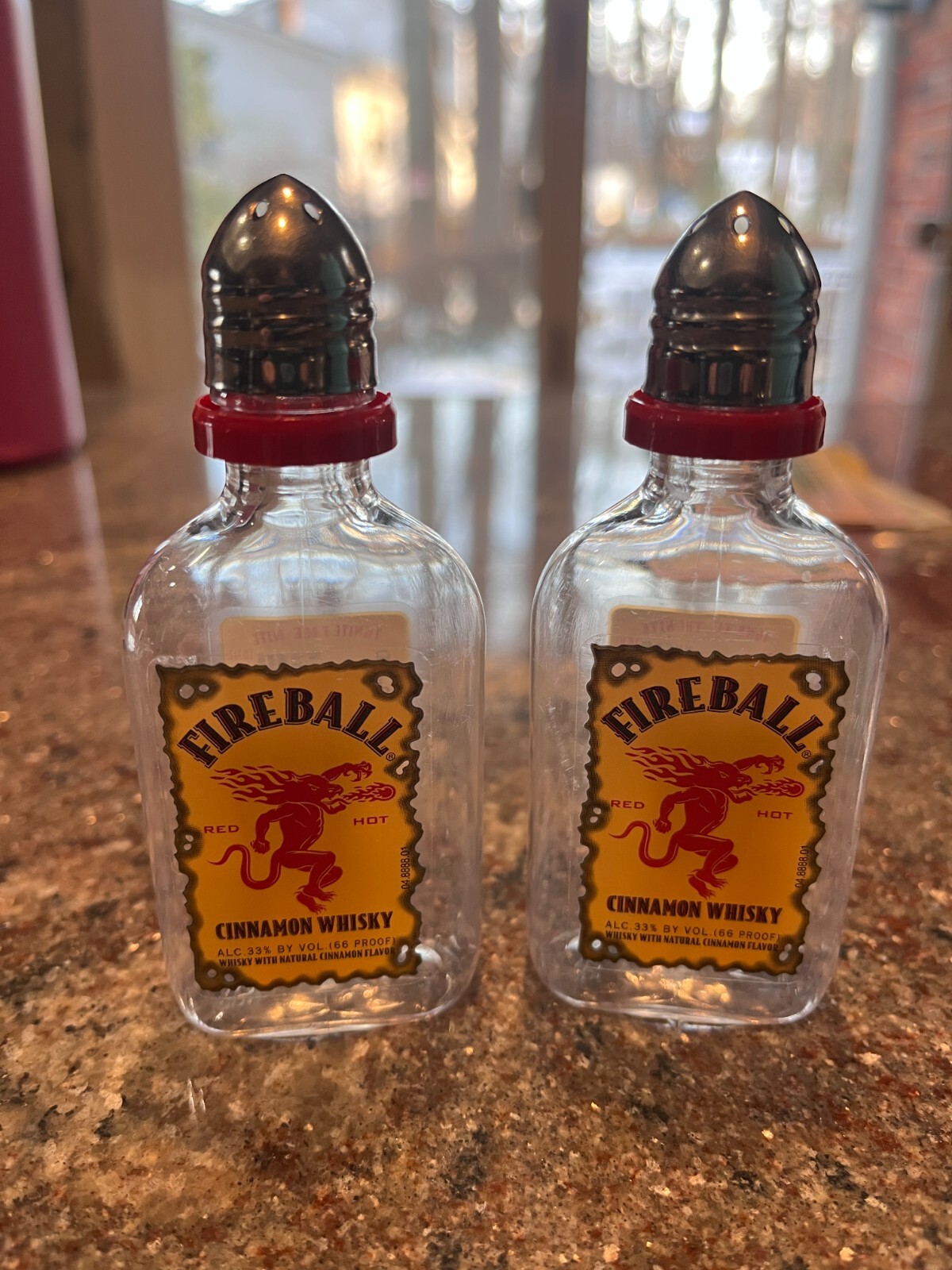 NEW Fireball Cinnamon Whisky Salt & Pepper Shakers Plastic Novelty 1.5" x 4"