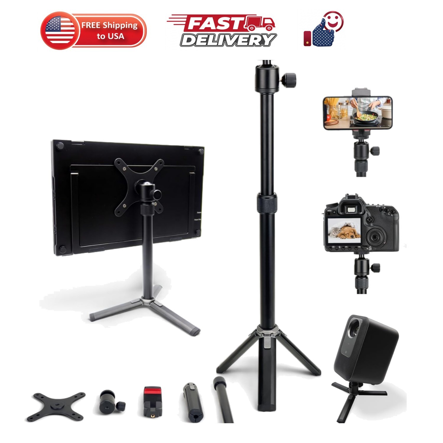 Metal Portable Monitor Stand Tripod, Phone/Tablet Clamp for Desk | 100x100mm ...