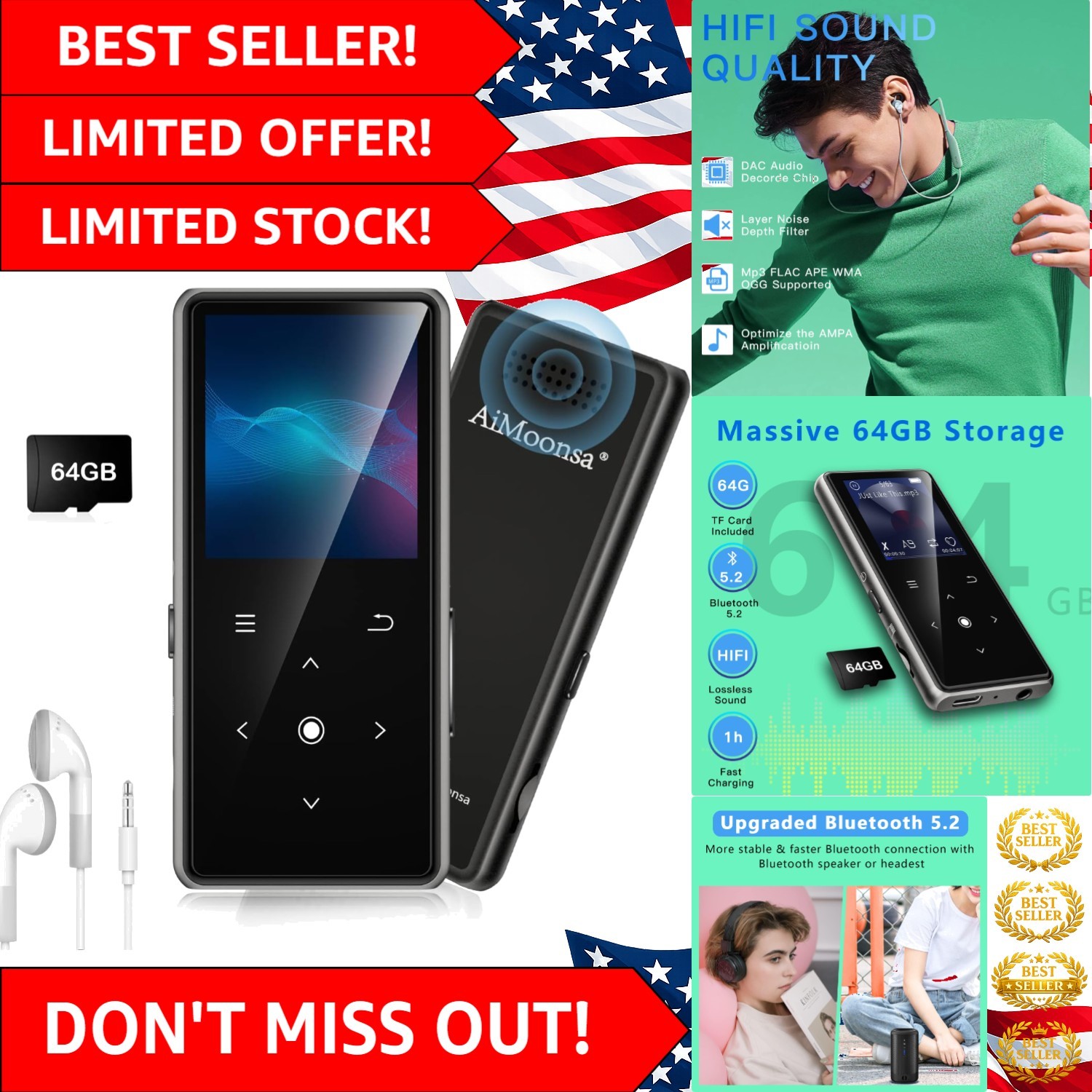 64GB MP3 Player with Bluetooth 5.2, Music Player with Built-in HD Speaker, FM...