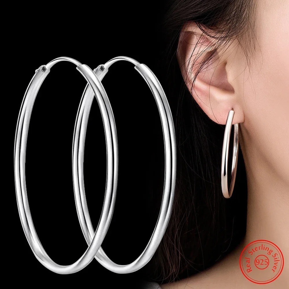 925 Sterling Silver Classic Round Hoop Earrings Lightweight Women's Jewelry