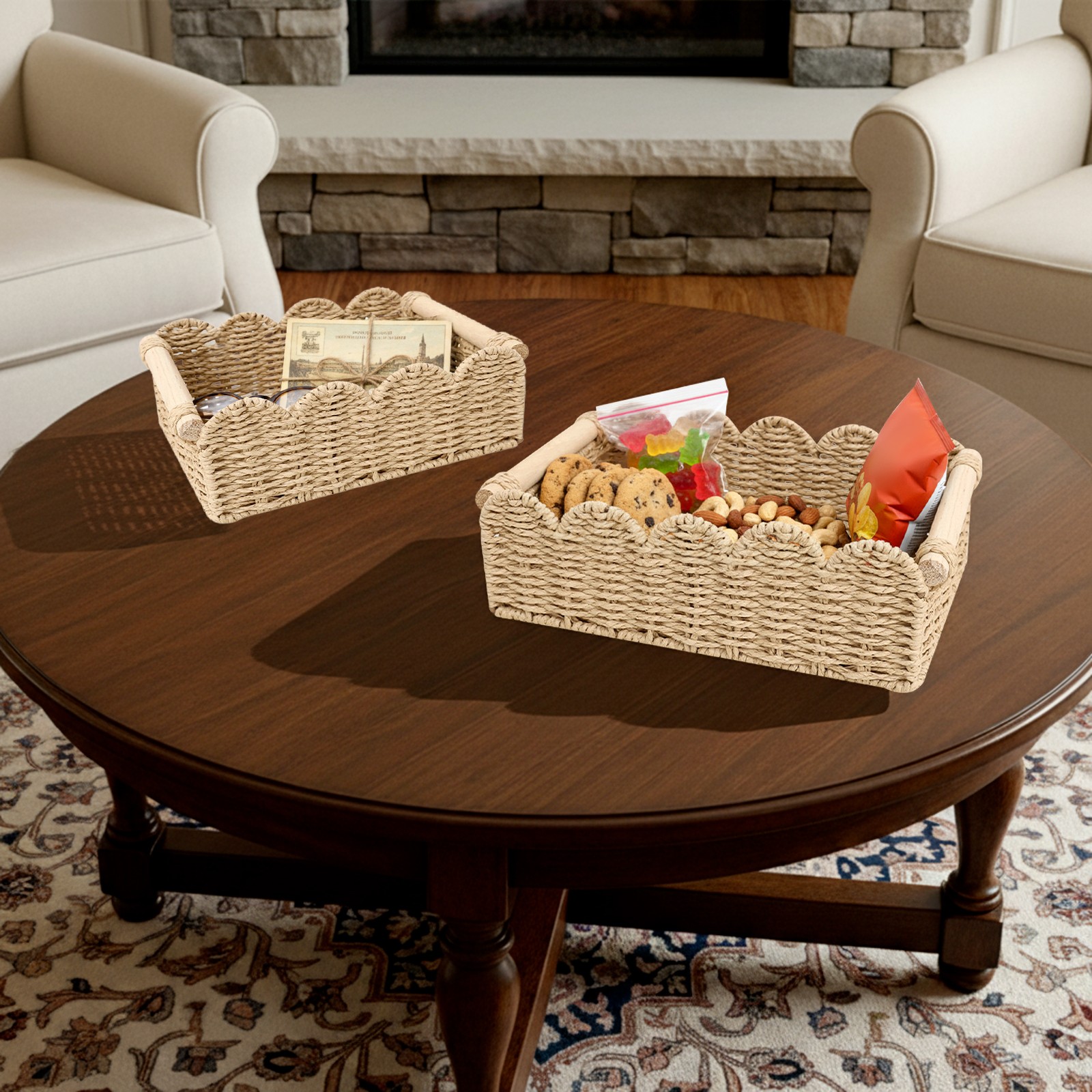 2PCS Scalloped Edge Baskets, Toilet Paper Storage Baskets, Hand Woven Baskets