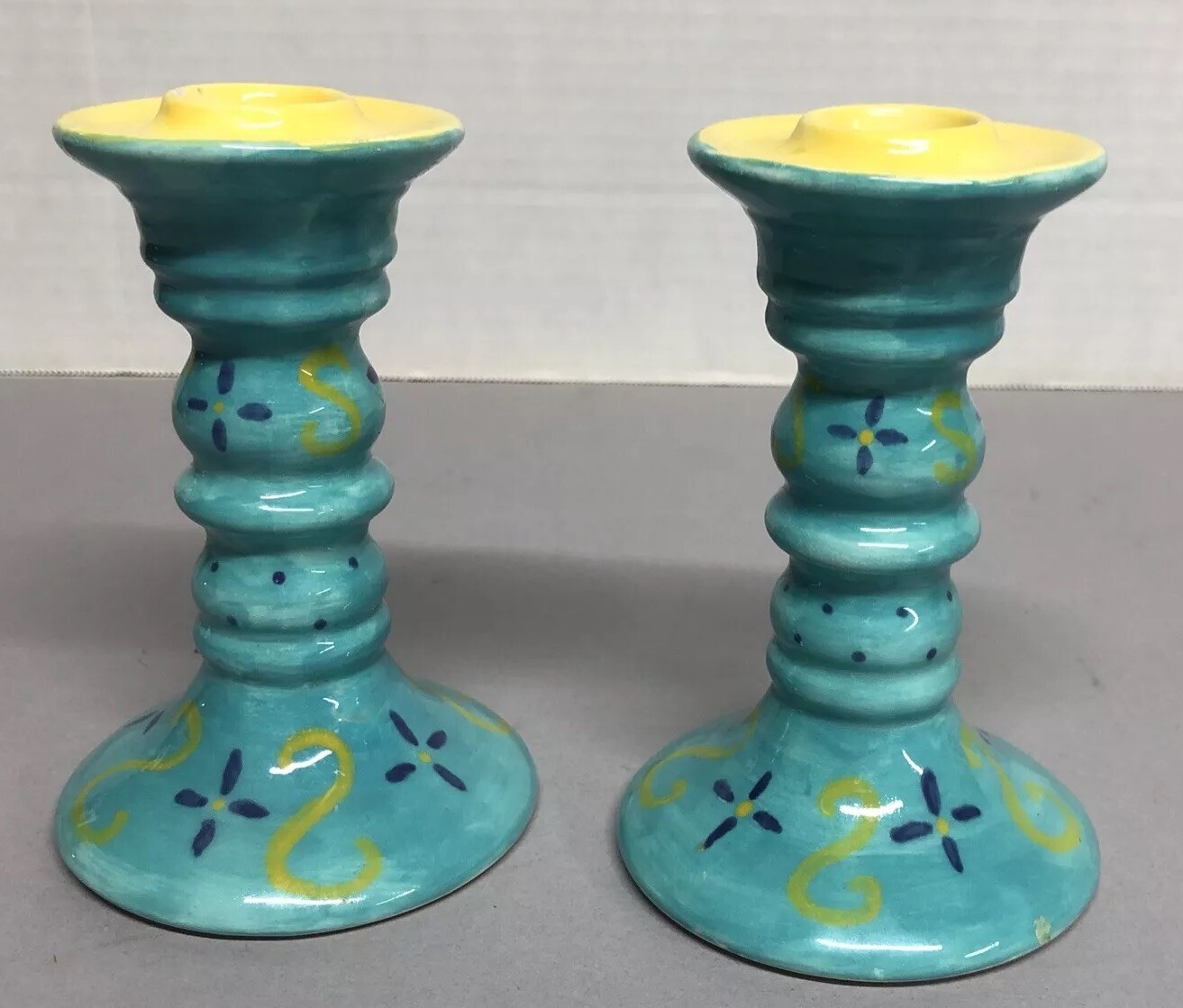 Pair of 2  Candlesticks Hand Painted  Yellow Blue Floral  5" Tall Bohemian.