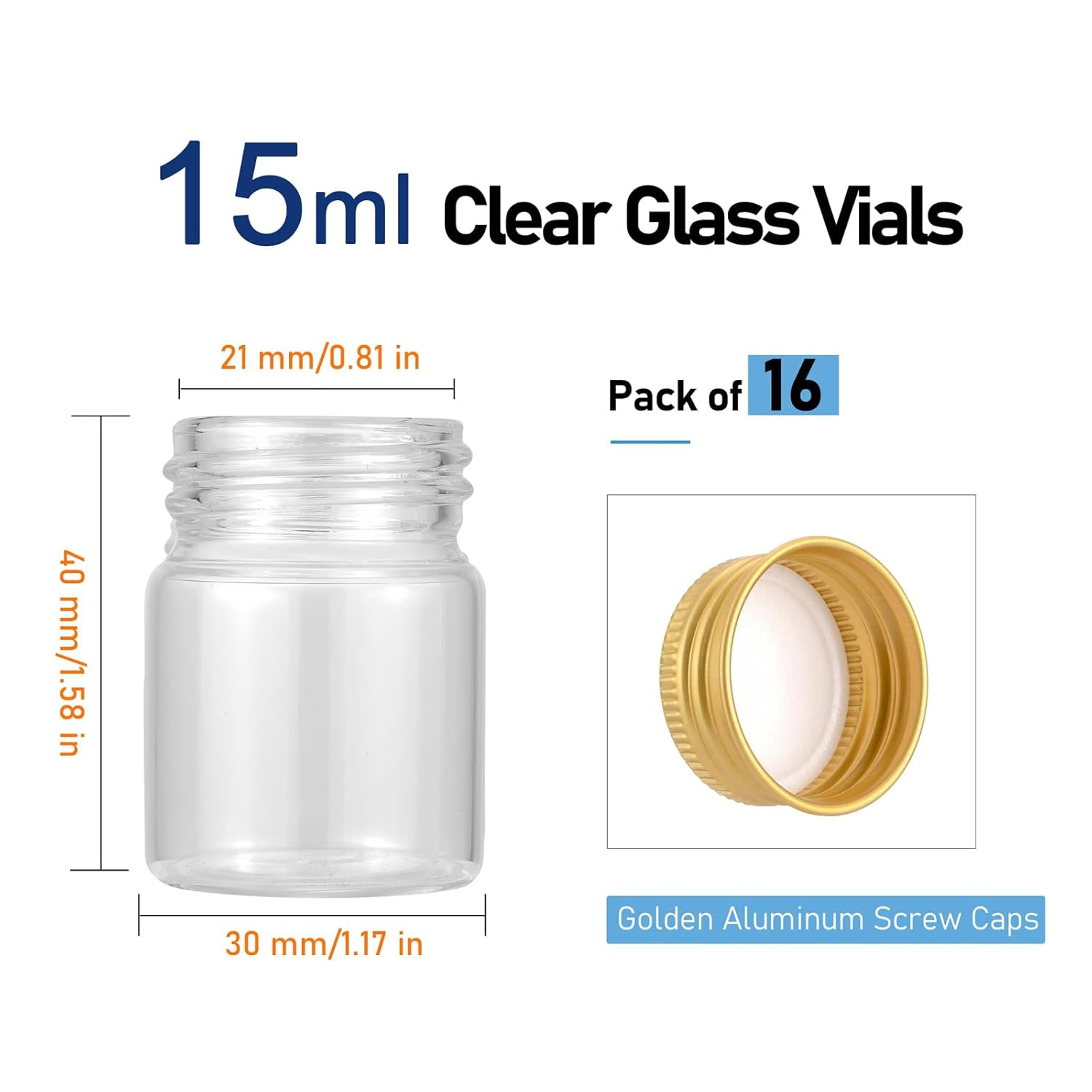 16Pcs 15ml(0.5 oz) Empty Tiny Jars Small Glass Vials with Lids Lab Sample Vials