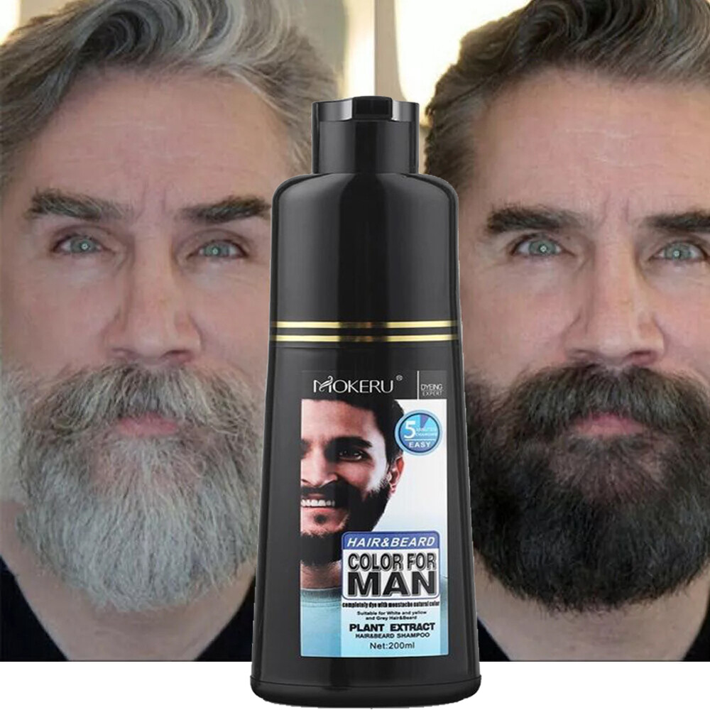 Men 2 in 1 Beard Mustache Natural Hair Color Shampoo Permanent Black Dye 200ML