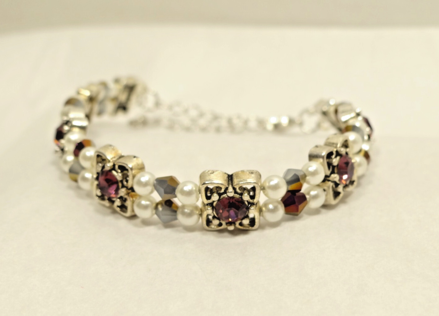 Bracelet Made with Swarovski Crystals Purple/Smokey Purple/White 7" - 9"