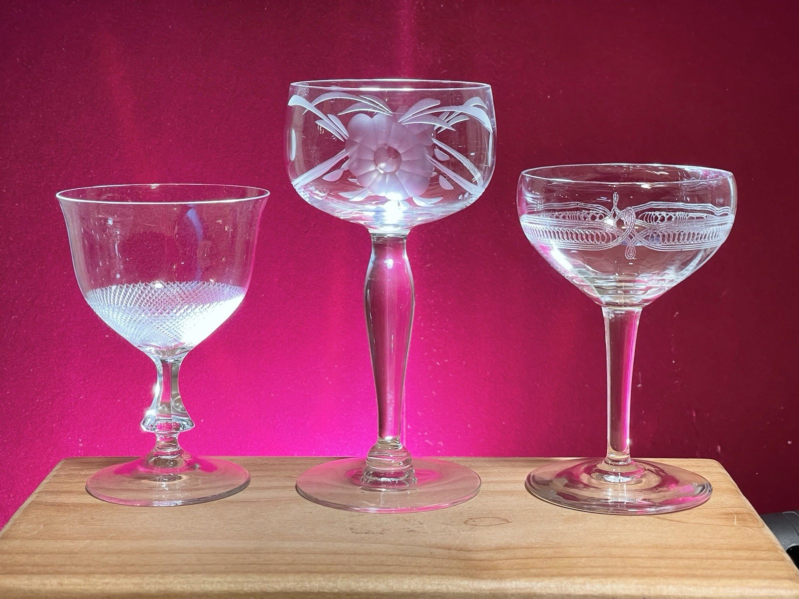 Lot Of 3 Mixed Cordial Etched Pattern Glasses.  Excellent Quality Glassware.