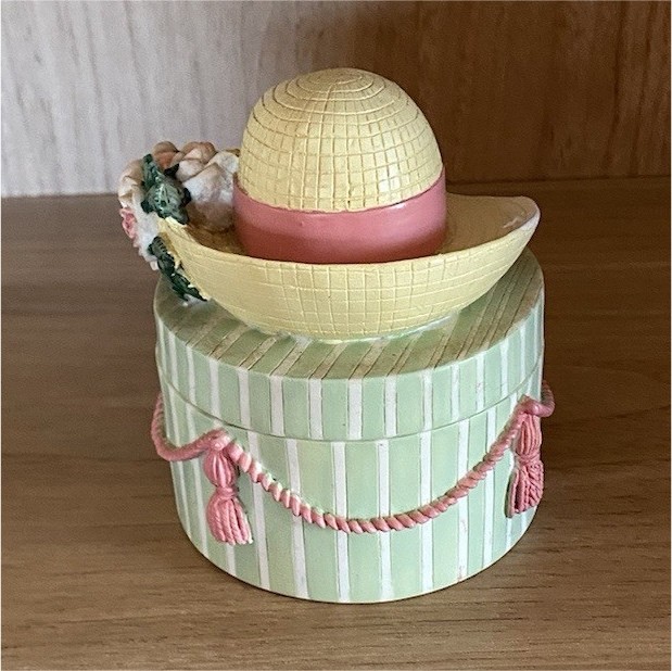 Ceramic Striped Hat-Shaped Trinket Box with Lid, Green Yellow Pink White